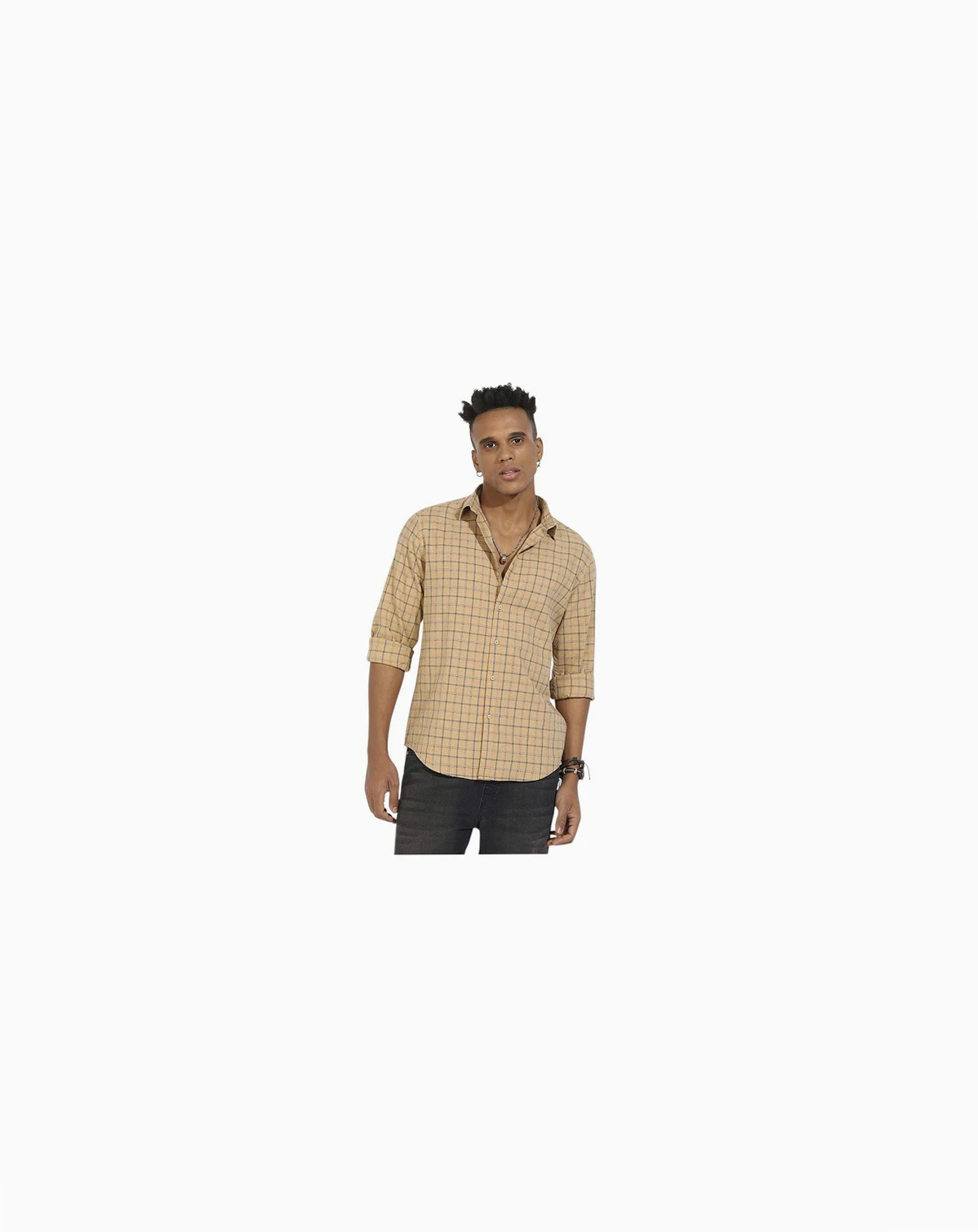 Men's Beige Contrast Tartan Plaid Shirt