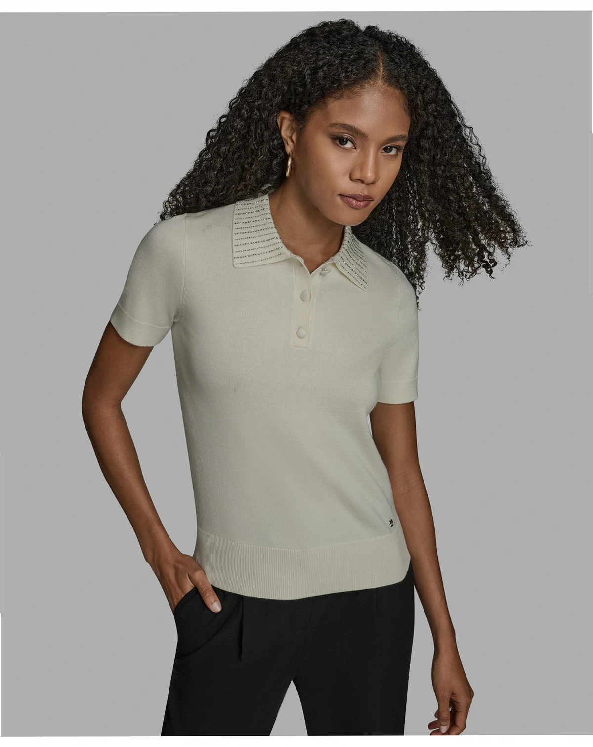 Women's Short Sleeve Embellished Collar Top