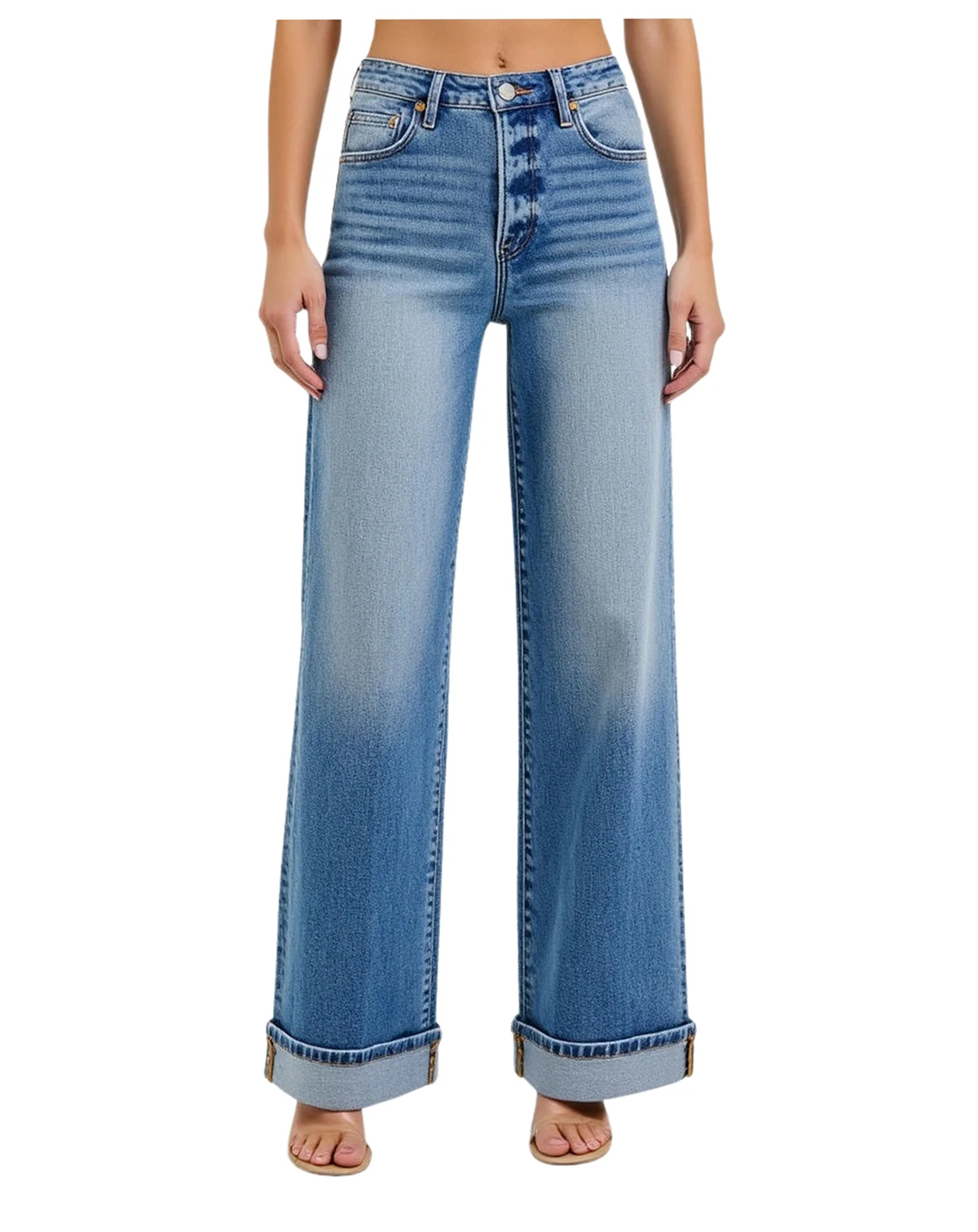 Women's Juniors' High-Rise Wide-Leg Button-Fly Cuffed Jeans