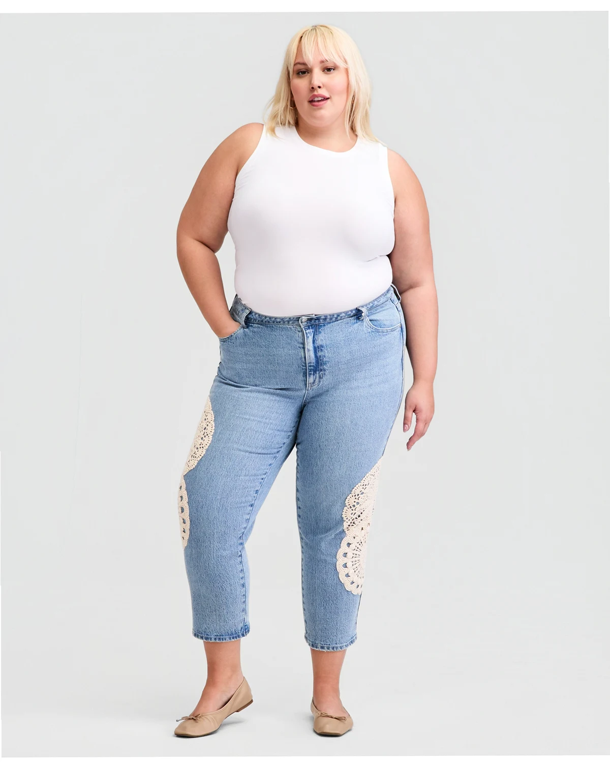 Trendy Plus Size Crochet-Trim High Rise Cropped Jeans, Macy's Exclusive