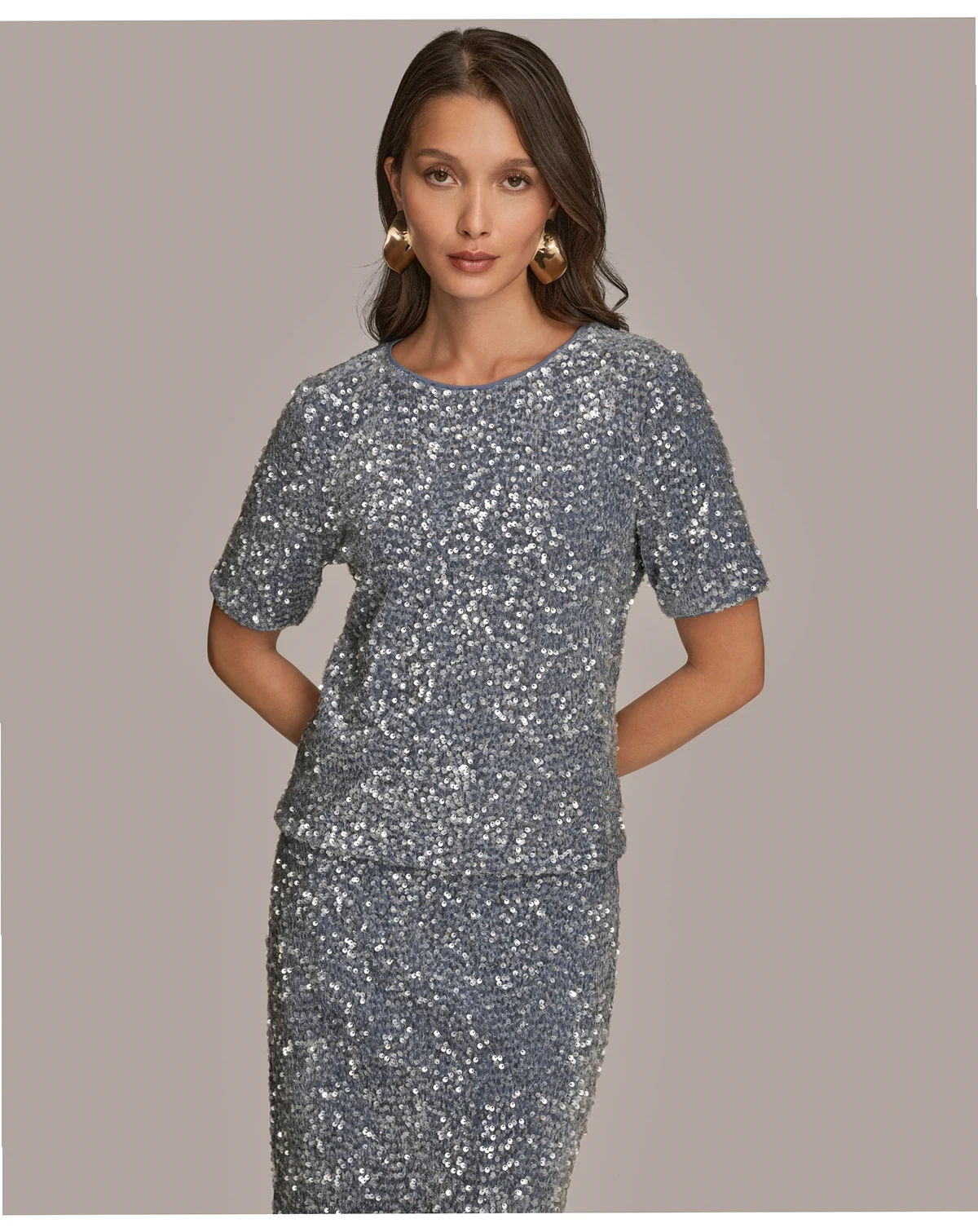 Women's Embellished Sequin Short Sleeve Crewneck Top