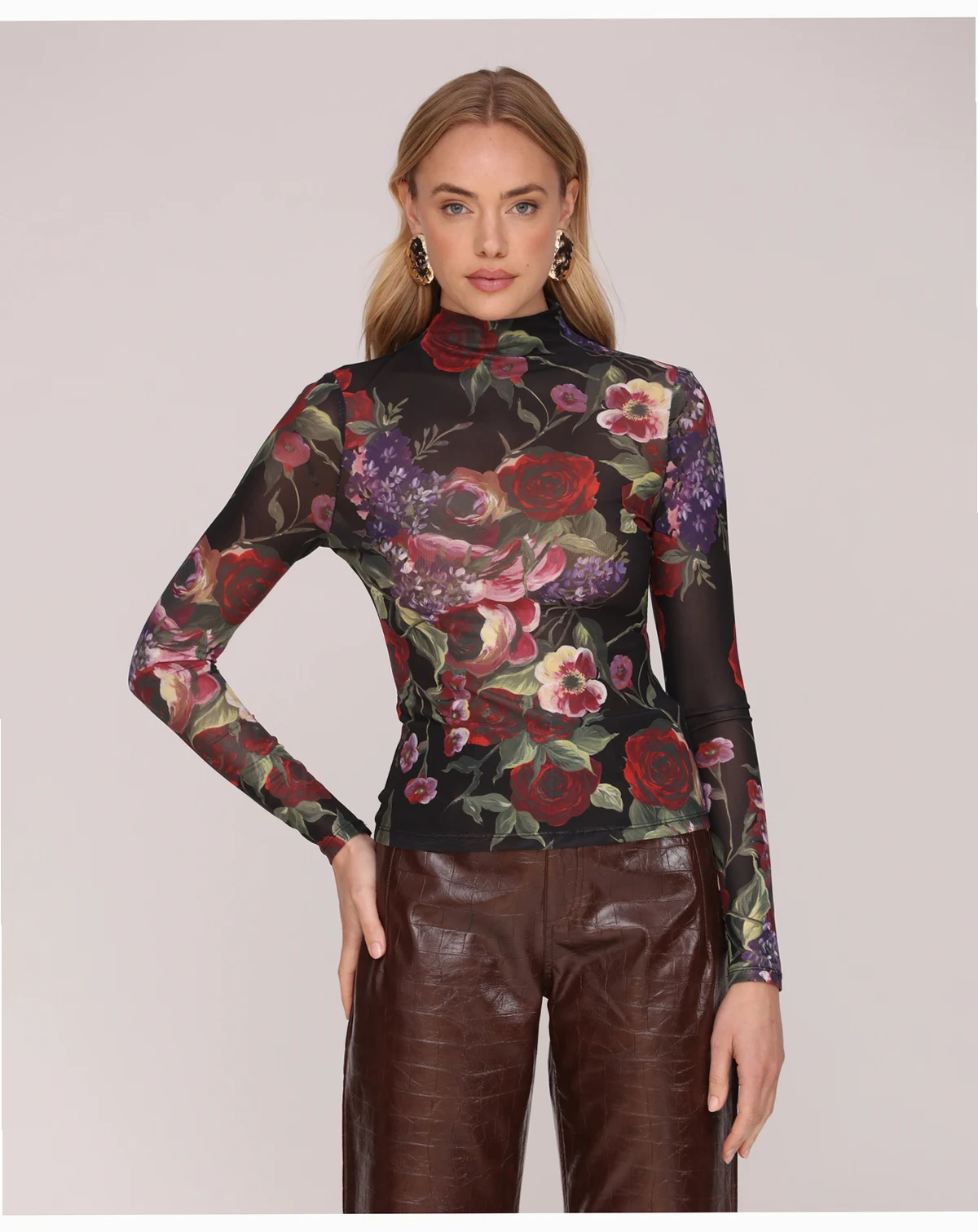 Women's Mesh Mock Neck Long Sleeve Top