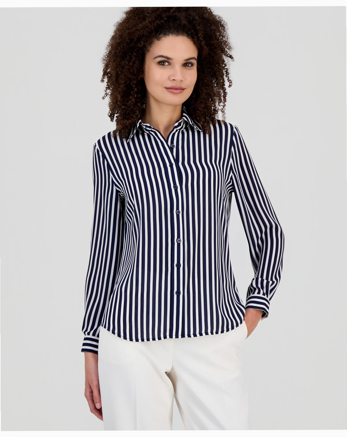 AK Anne Klein Petite Stripe Button-Front Slim-Fit Shirt