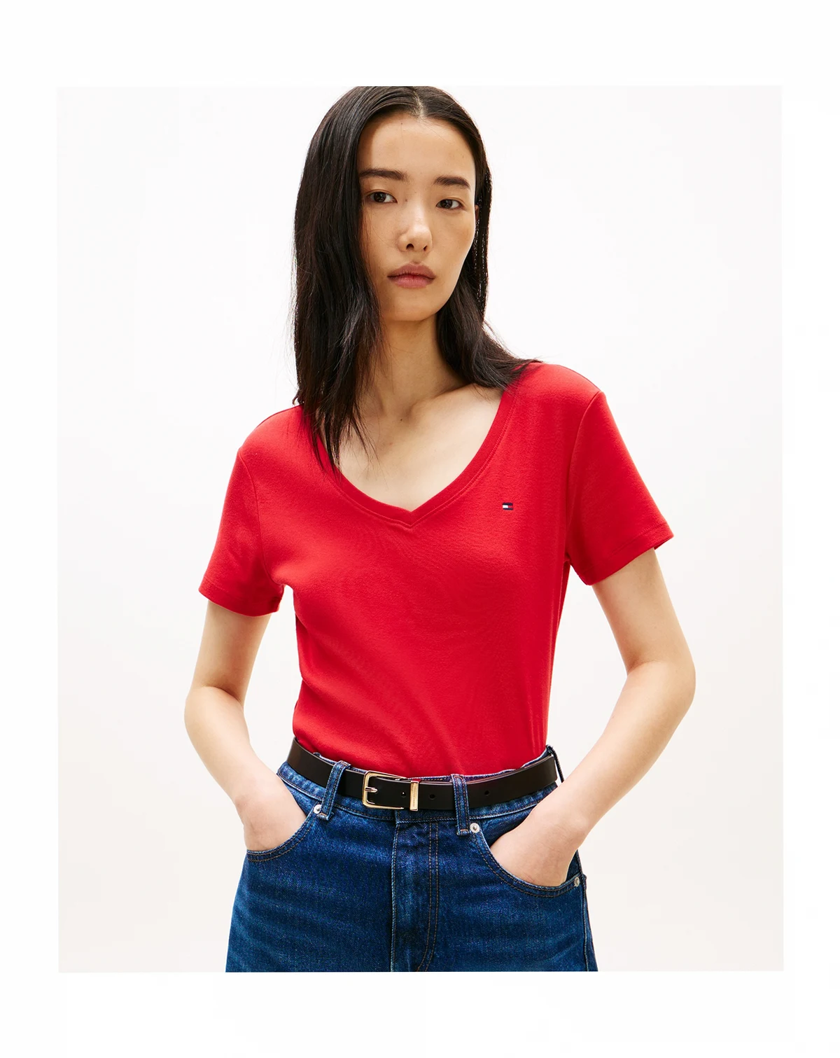 Women's Rib Slim V-Neck Short-Sleeve T-Shirt