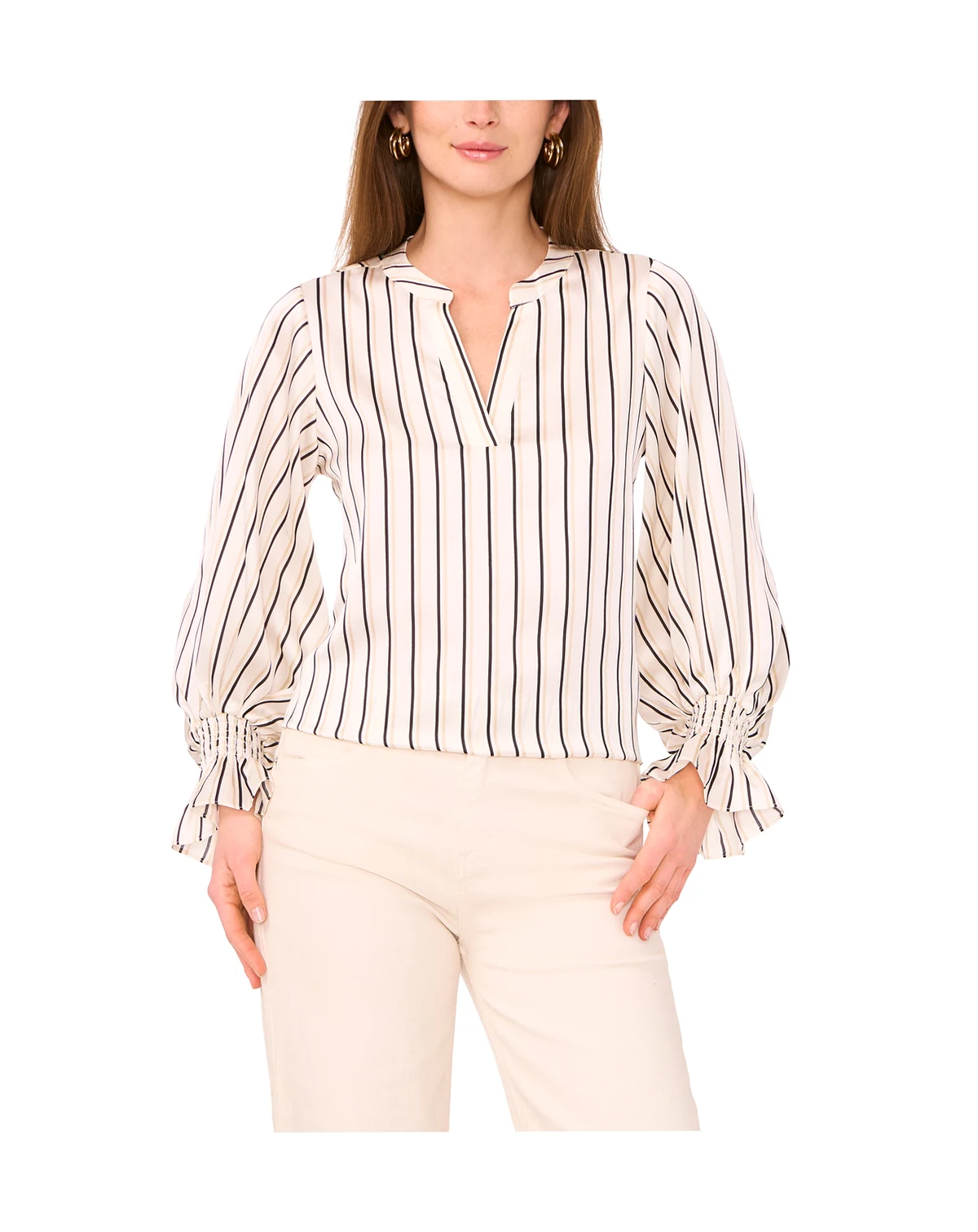 Women's Split Neck Long Sleeve Top with Smocked Cuff