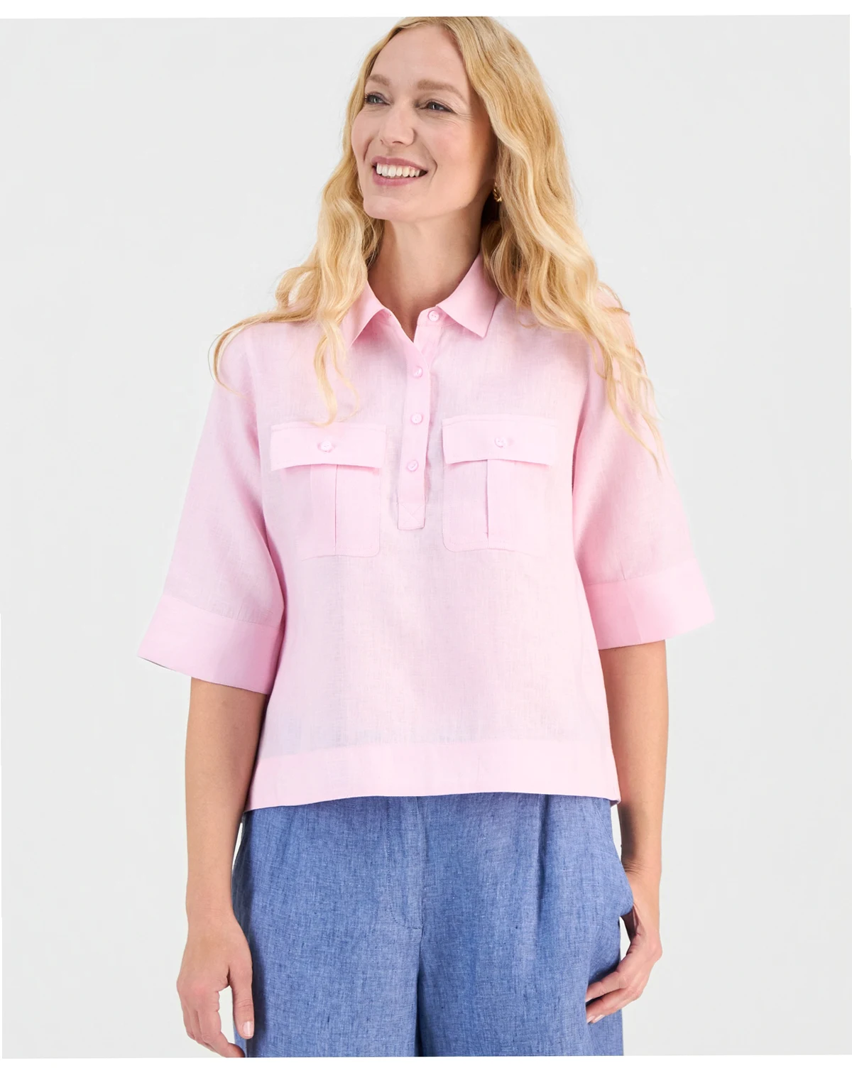 Women's 100% Linen Solid Half-Placket Elbow-Sleeve Blouse, Macy's Exclusive