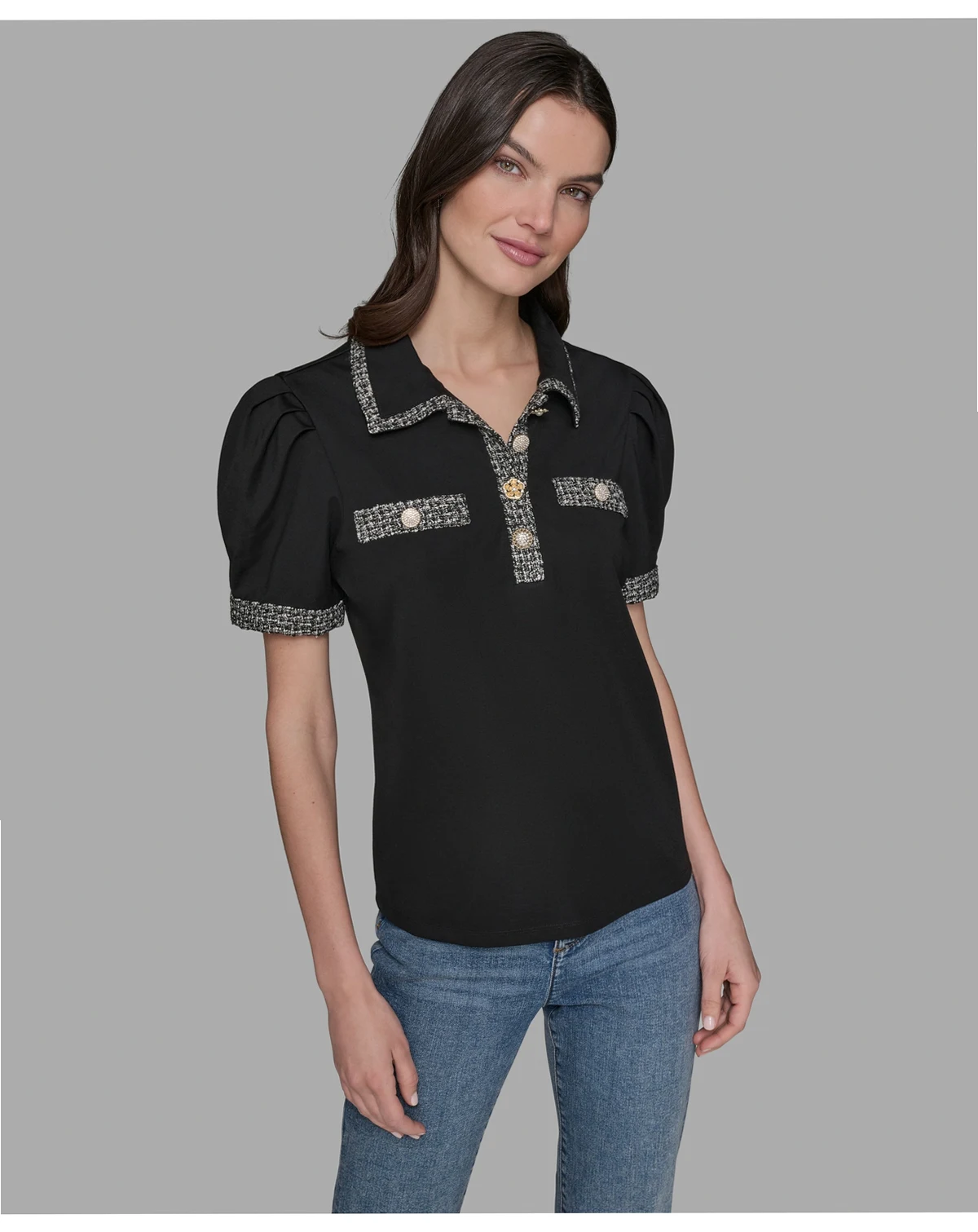 Women's Short Sleeve Tweed Trim Knit Top