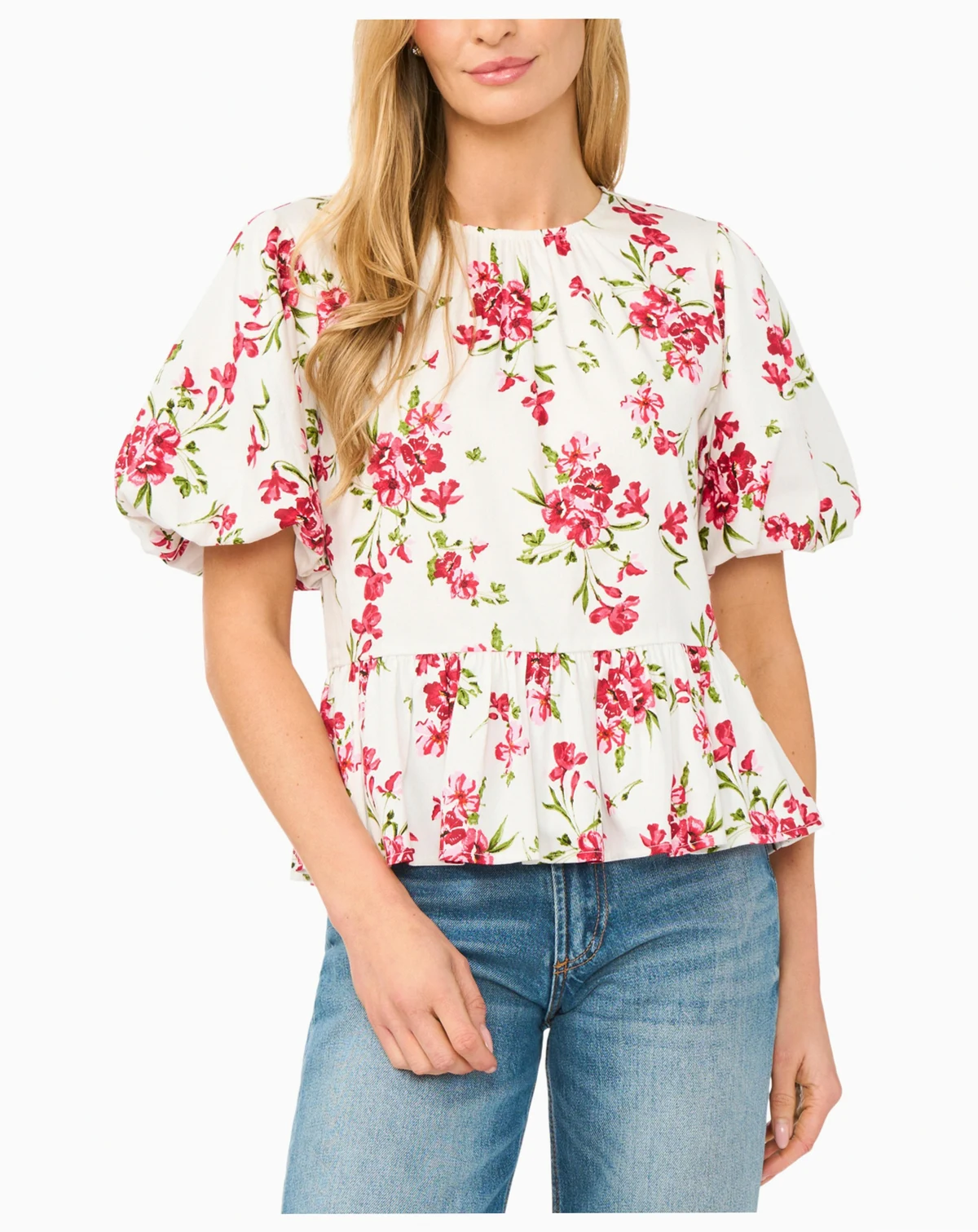 Women's Puff Sleeve Shirred Crewneck Peplum Top