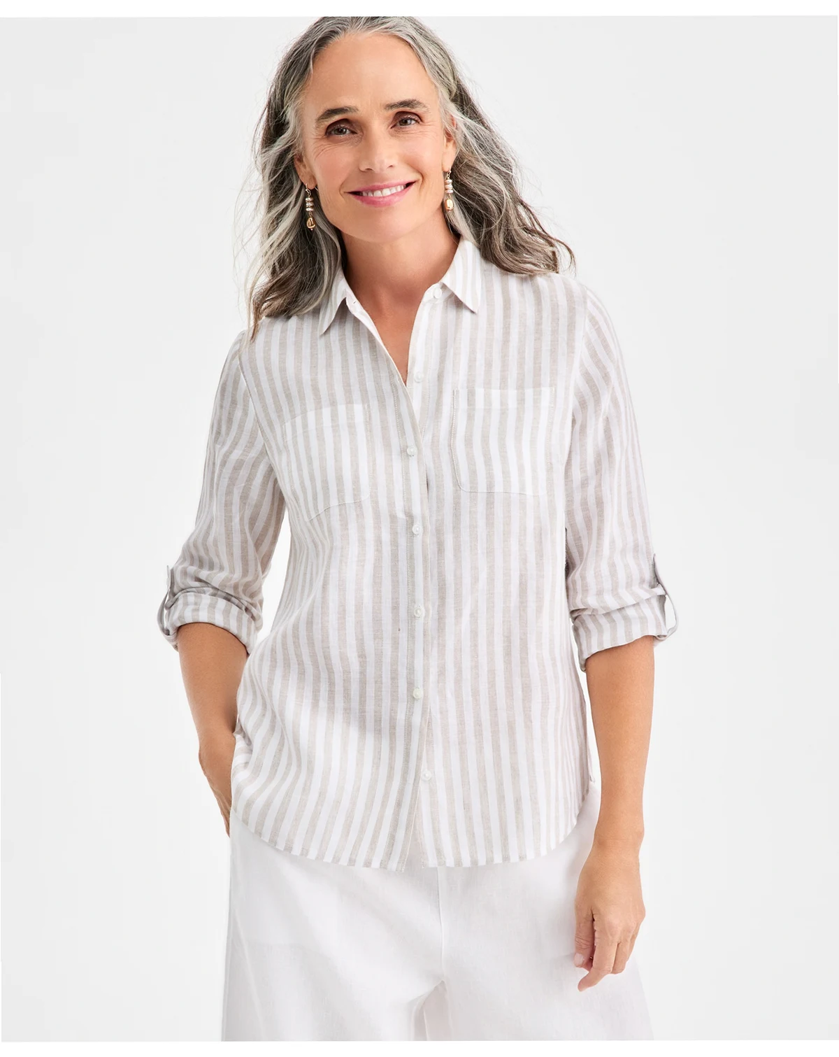 Women's 100% Linen Stripe Roll-Tab-Sleeve Shirt, Macy's Exclusive