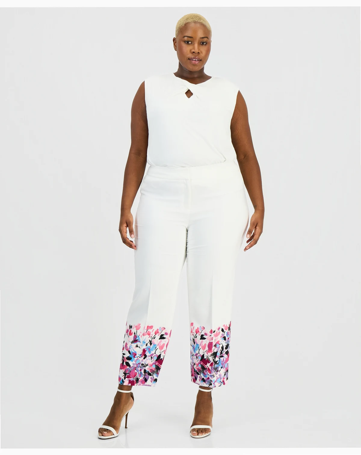 Plus Size Floral-Trim Straight-Leg Ankle Pants
