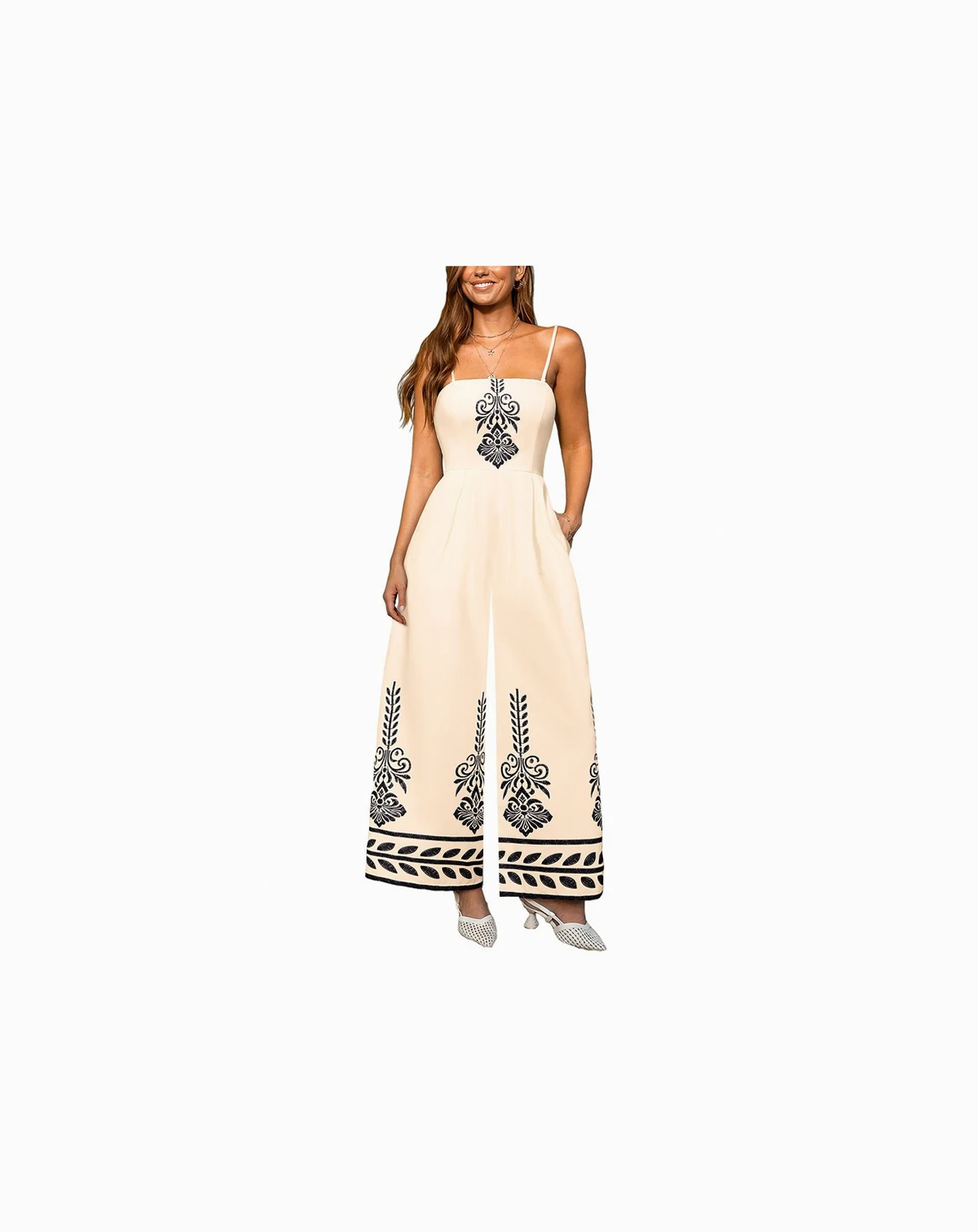Women's Embroidered Square Neck Wide-Leg Jumpsuit
