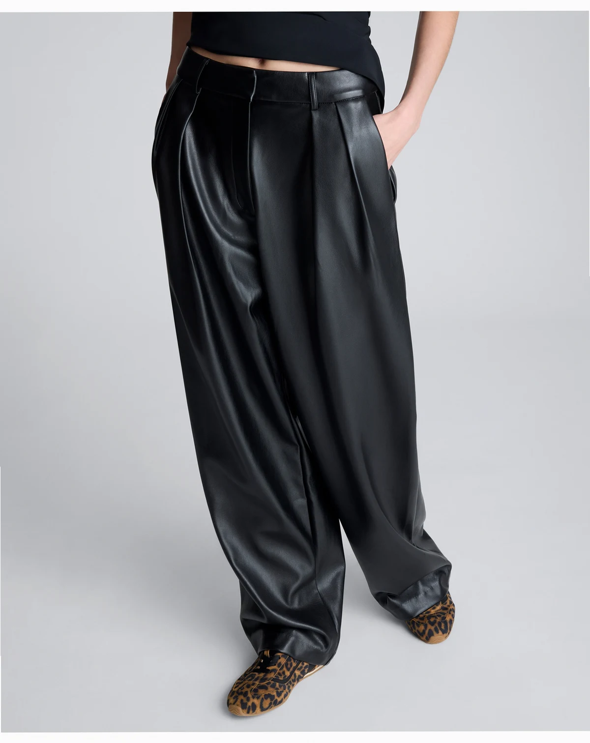 Women's Double Pleat Faux Leather Wide Leg Pants