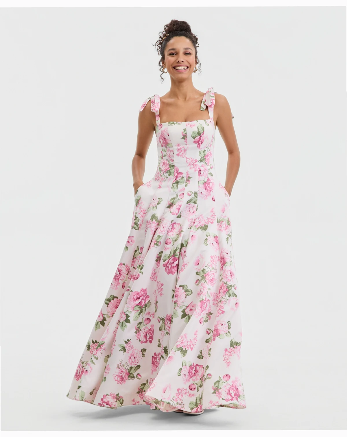 Juniors Floral Print Gown with Tie Straps and Skirt Pockets