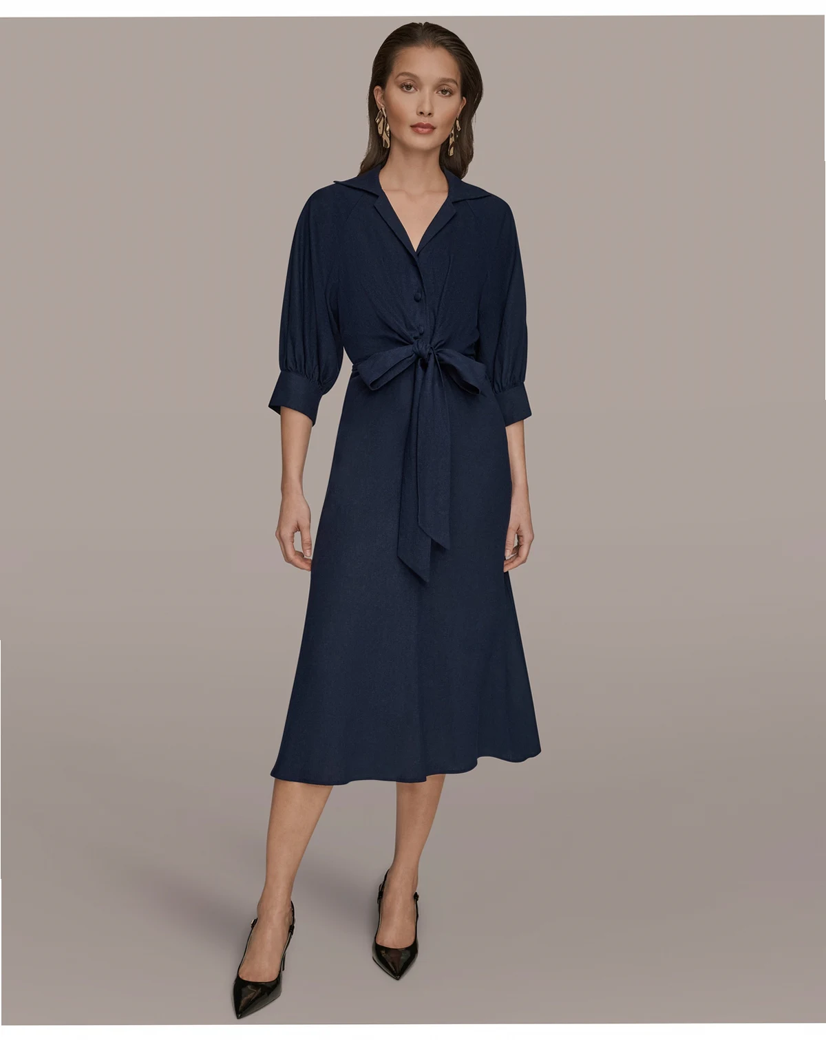 Women's Collared 3/4-Sleeve Midi Dress