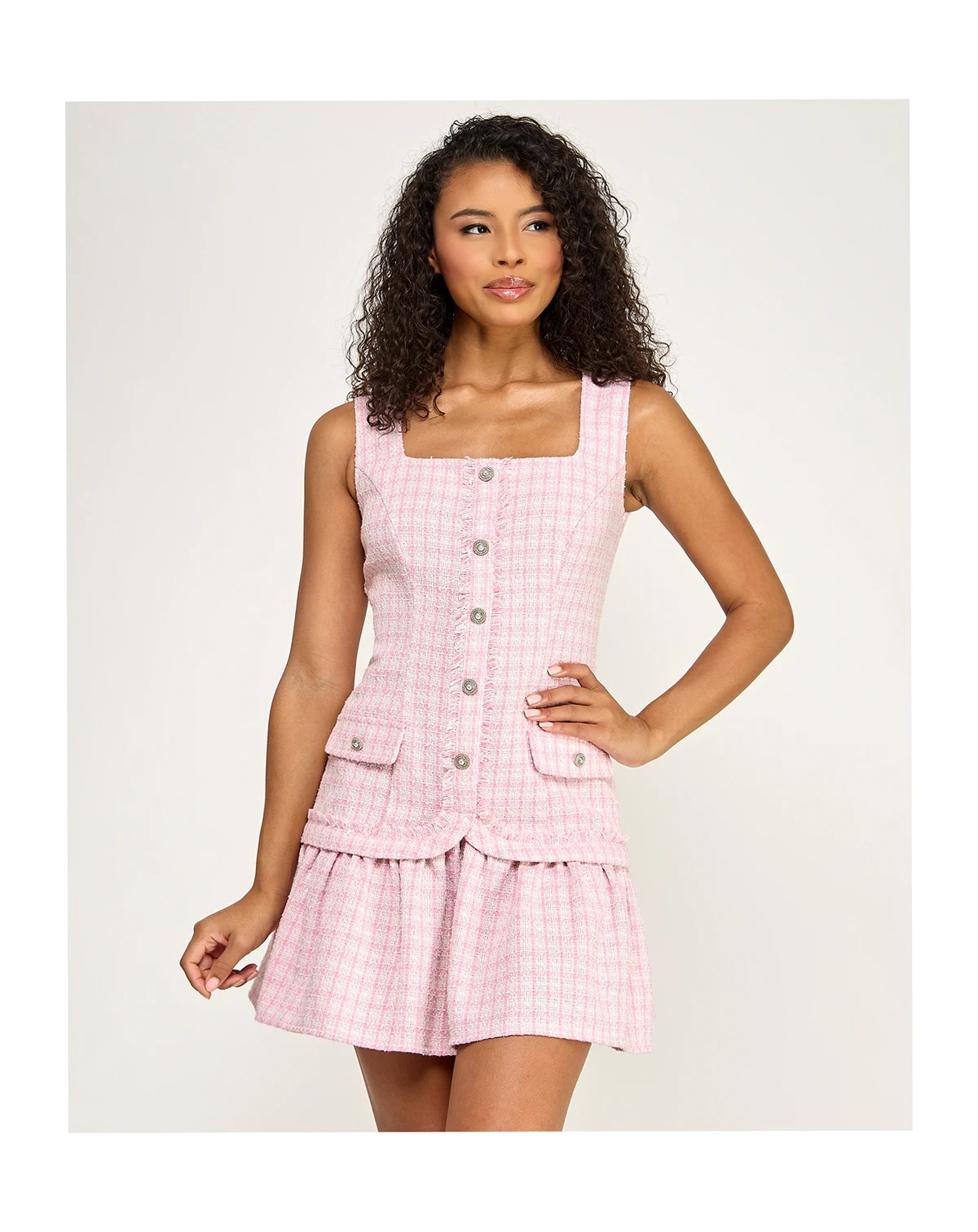 Juniors' Square Neck Button-Up Details Short Dress