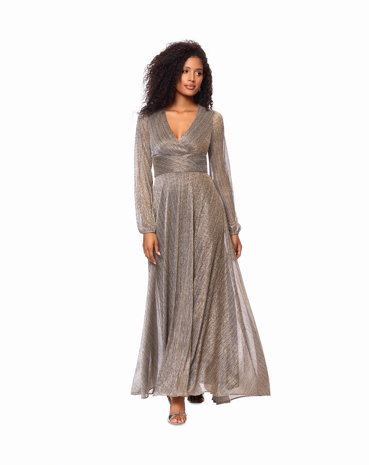 Women's Metallic V-Neck Long-Sleeve Gown