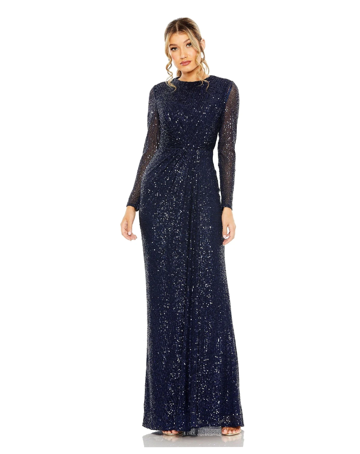 Women's Long Sleeve Sequin Column Gown with Side Knot
