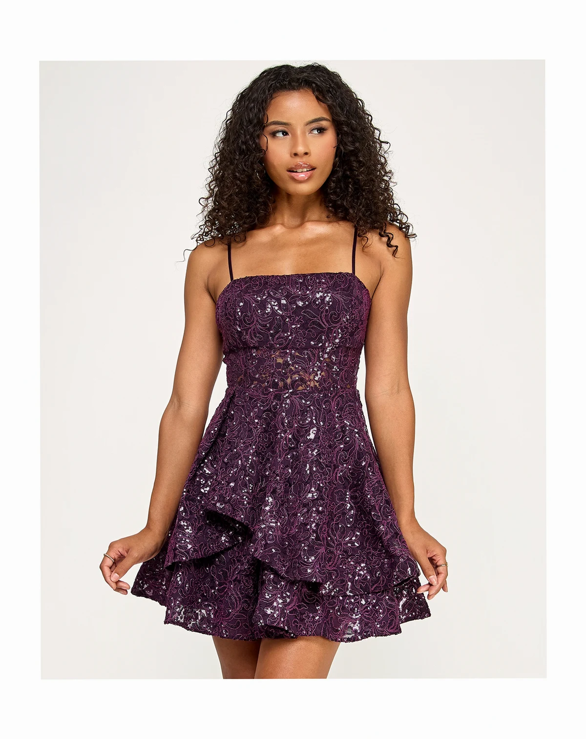 Juniors' Sequined Lace Spaghetti Strap Square-Neck Dress