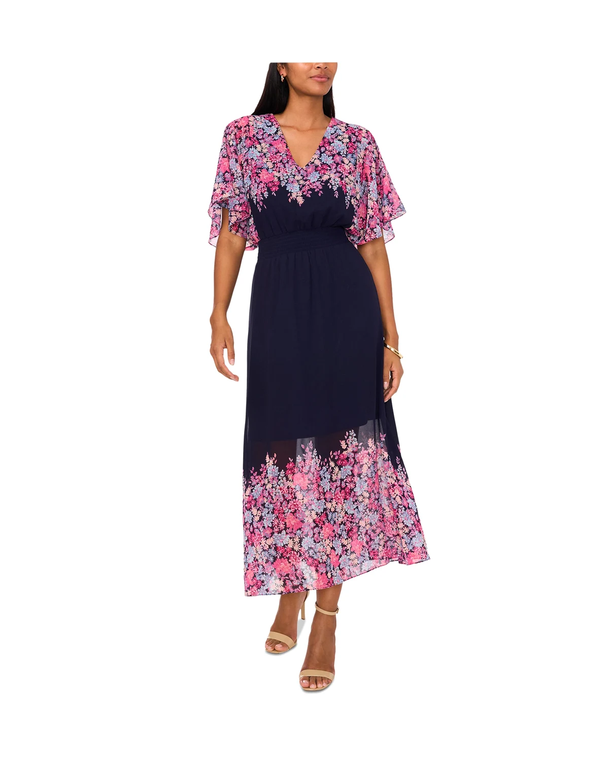 Women's Chiffon Smocked-Waist Floral-Print Dress