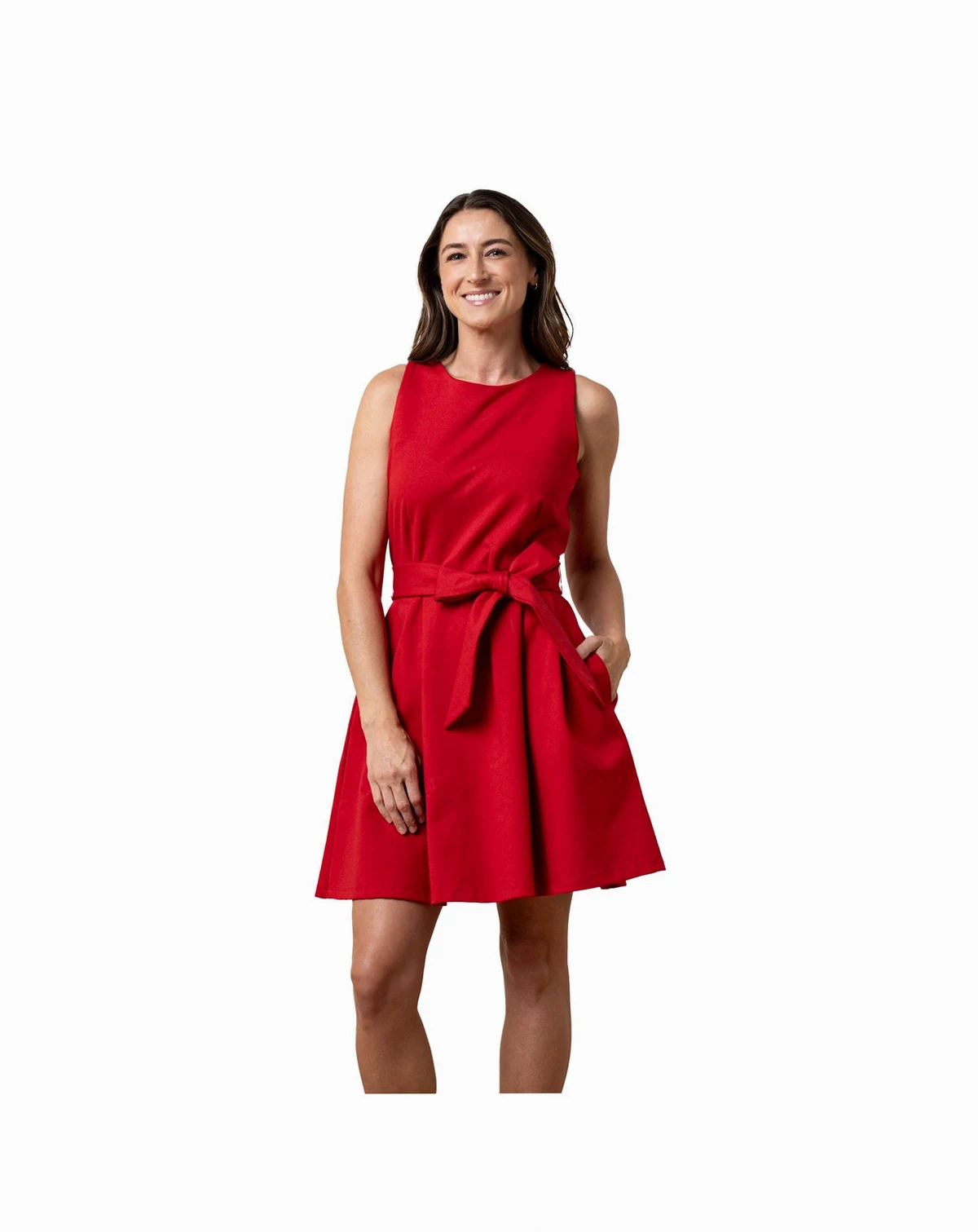 Women's Sleeveless Ponte Skater Dress with Waist Sash