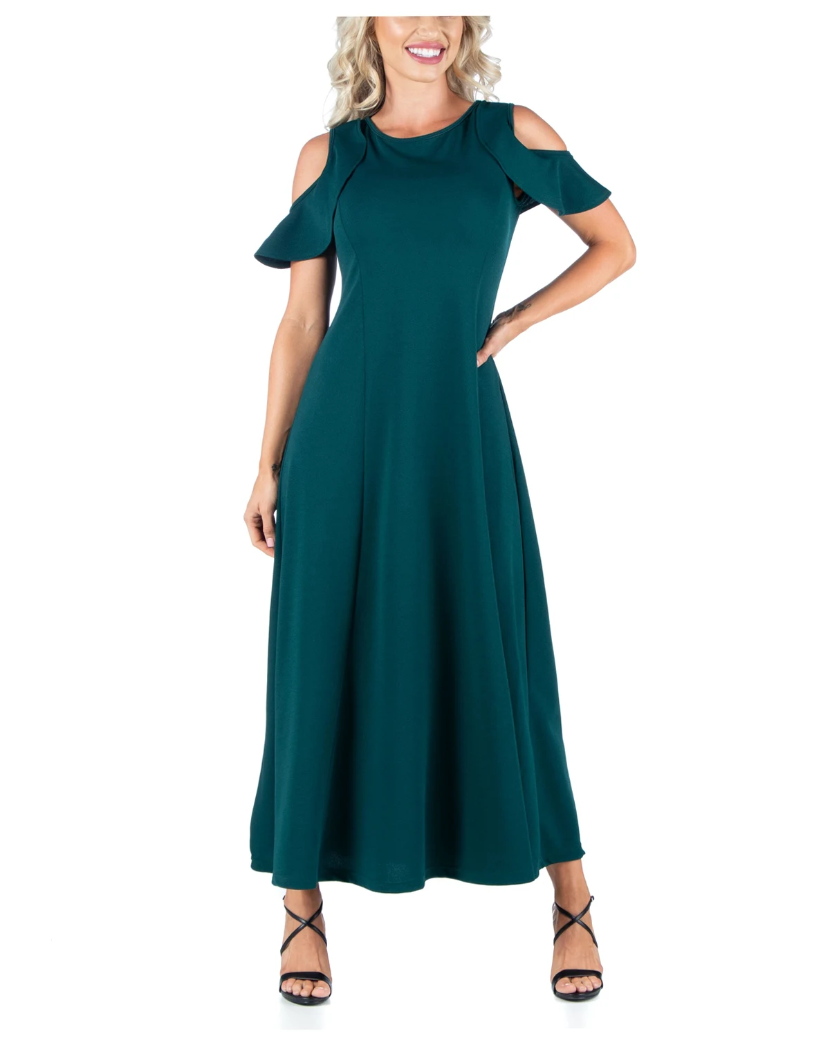 Ruffle Cold Shoulder A Line Maxi Dress