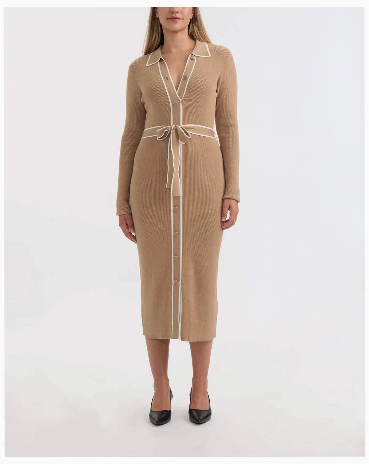 Women’s Button Front Long Dress with Contrast Tipping