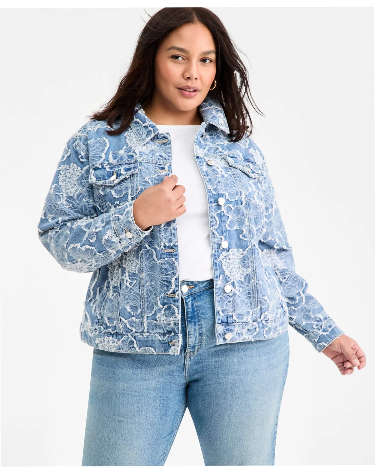 Trendy Plus Size Cotton Denim-Jacquard Trucker Jacket, Macy's Exclusive