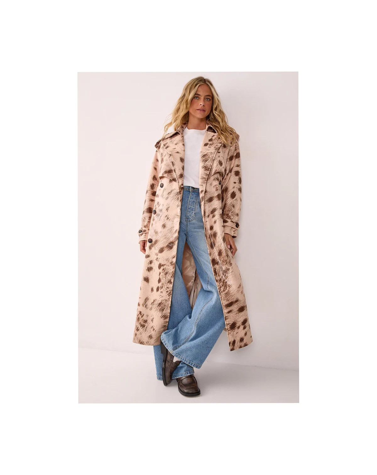 Women's Cow Print Faux Leather Trench Coat