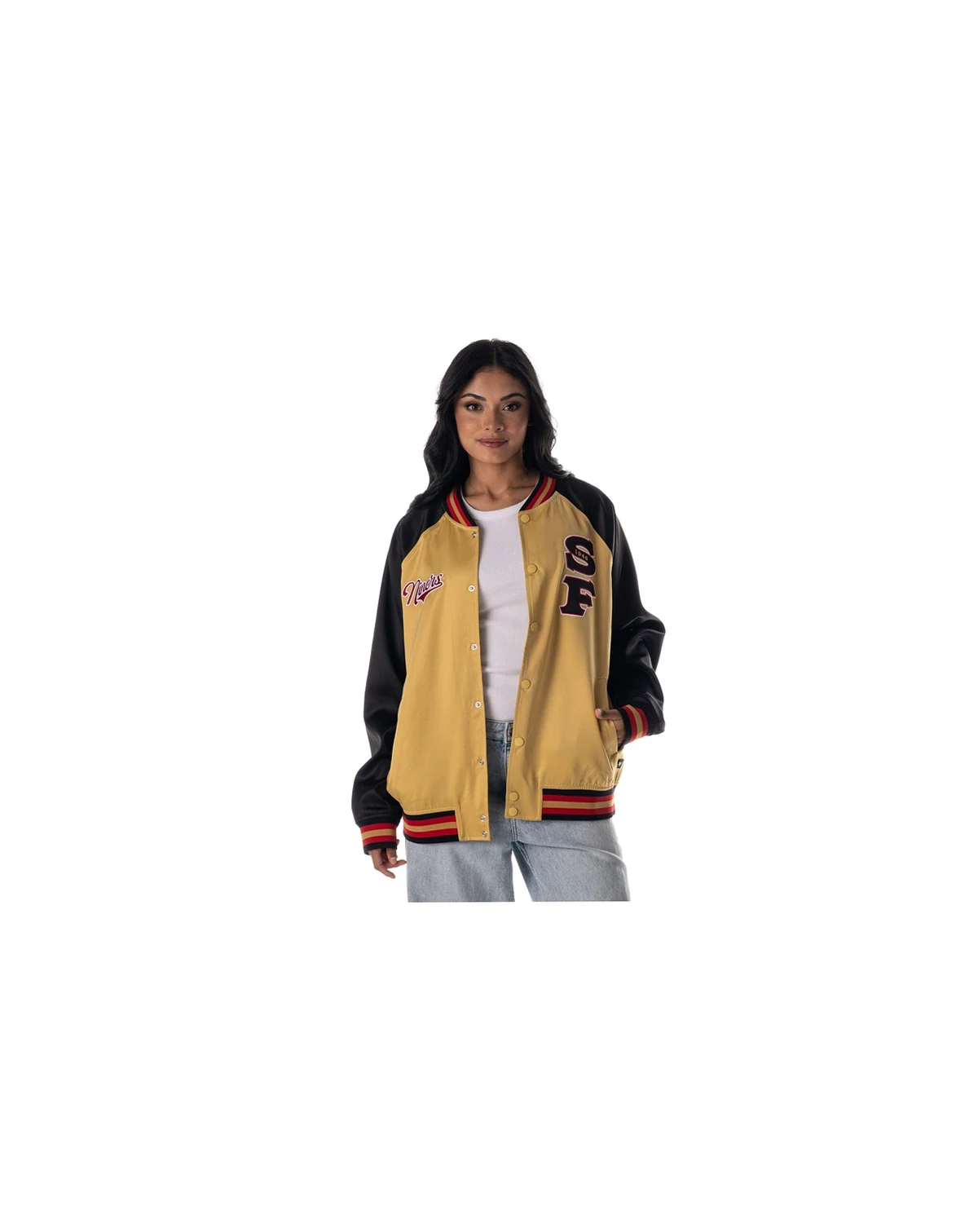 Women's Gold San Francisco 49ers Oversized Satin Raglan Full-Snap Bomber Jacket