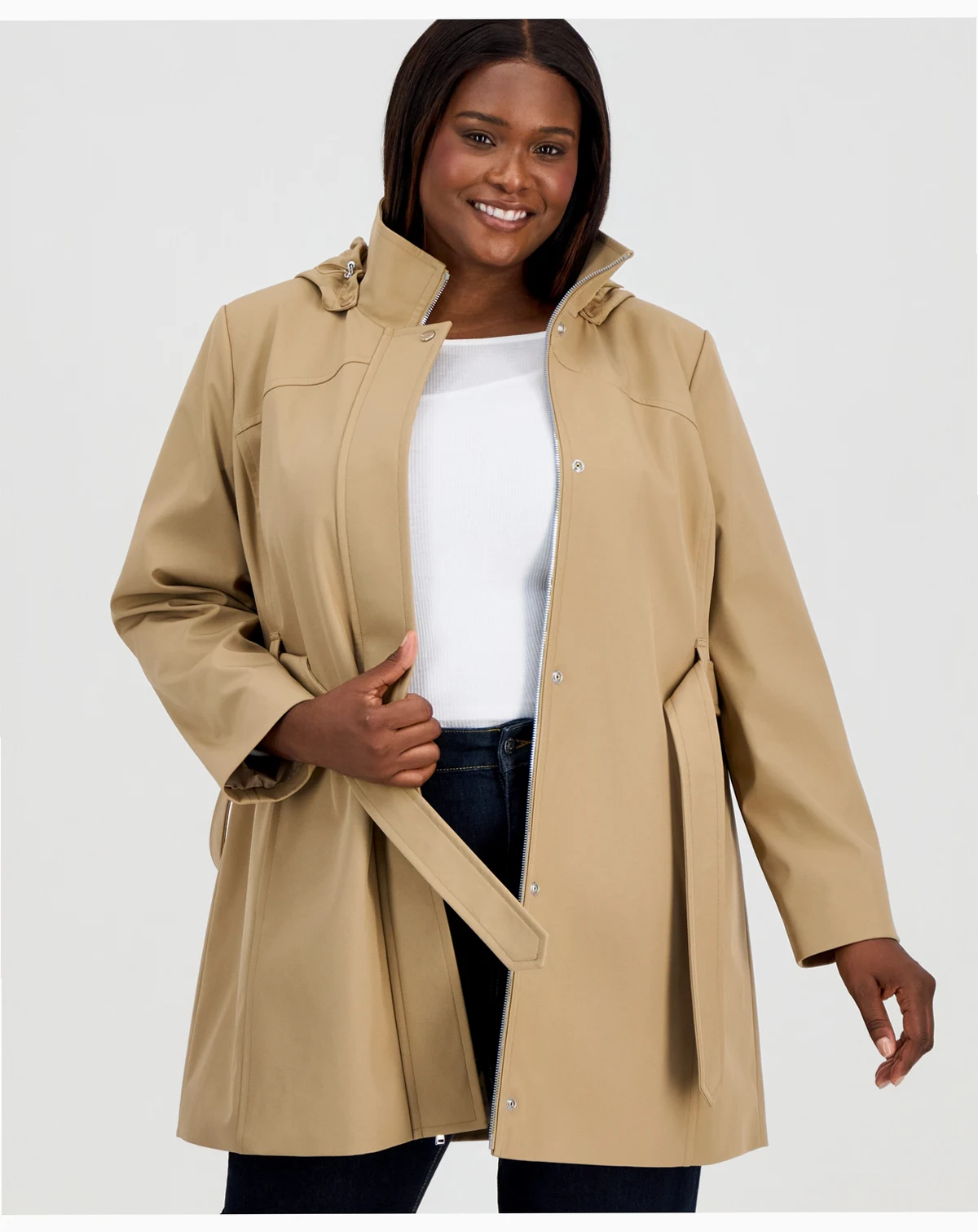 Plus Size Belted Hooded Zip-Front Raincoat