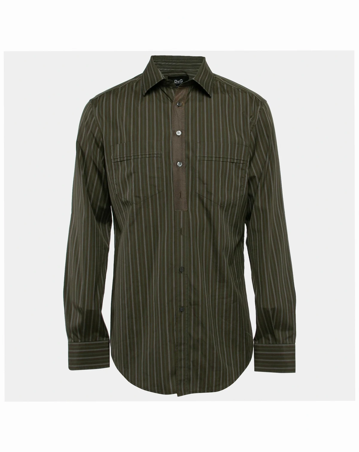 Men's Pre-Owned D&g Khaki Green Striped Cotton Slim Fit Shirt