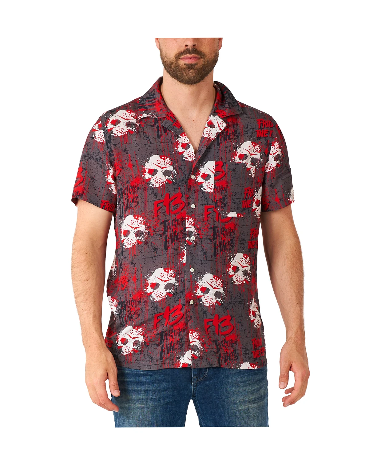 Men's Official Friday the 13th Hawaii Shirt - Halloween Themed Party Shirt - Short Sleeve - Black