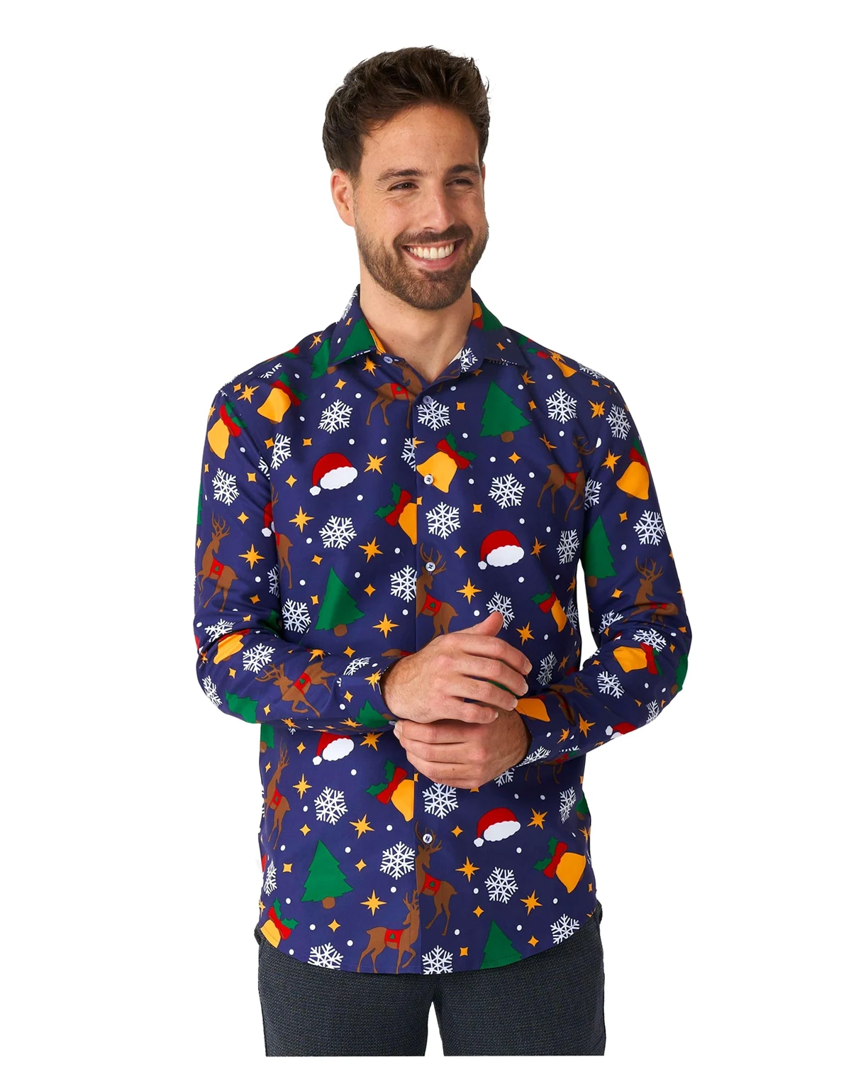 Men's Tree Shirt - Christmas Party Shirt - Stylish Button- Up Shirt - Green - Long sleeve