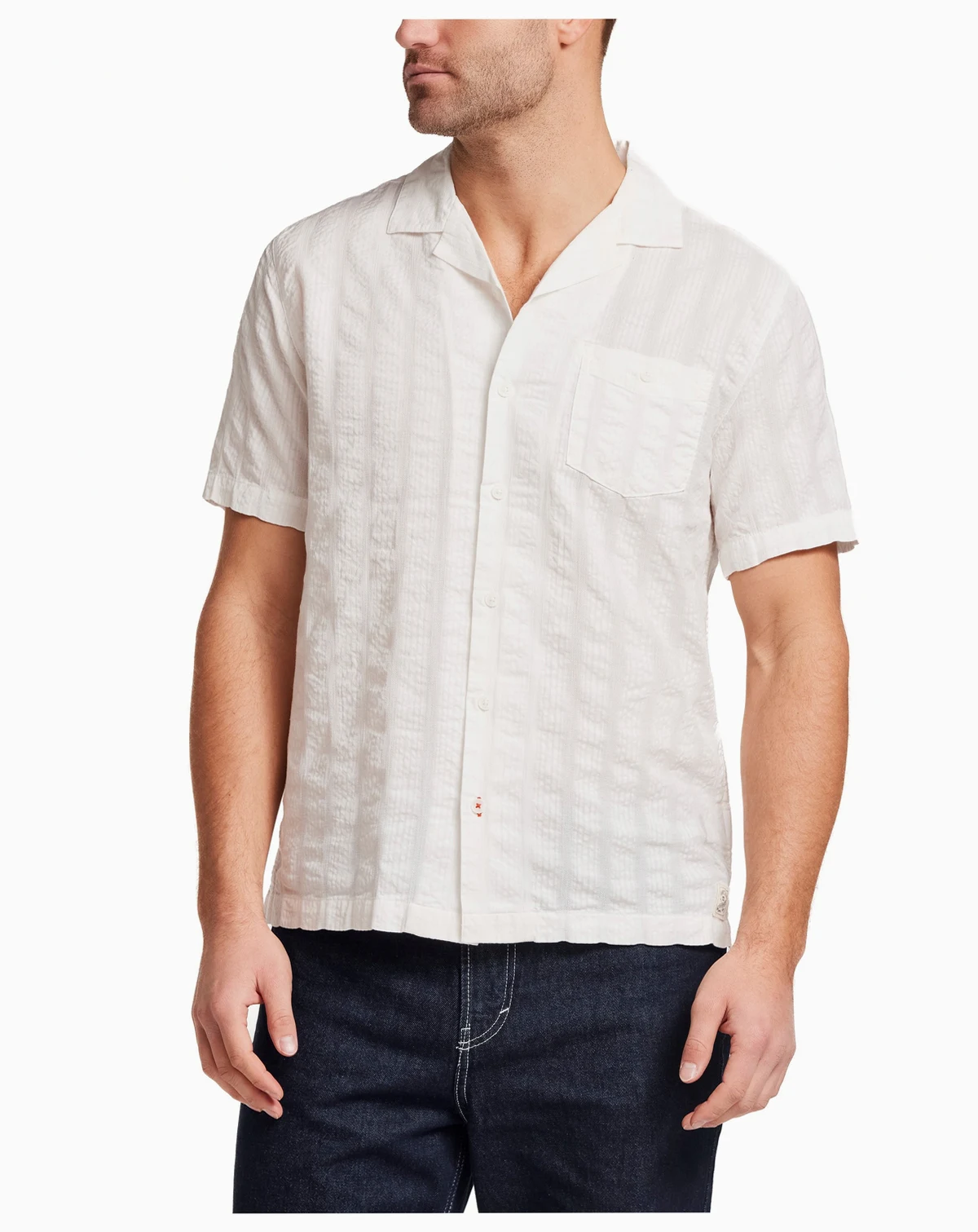 Men's Short-Sleeve Button Down Vertical Texture Camp Collar Cotton Shirt