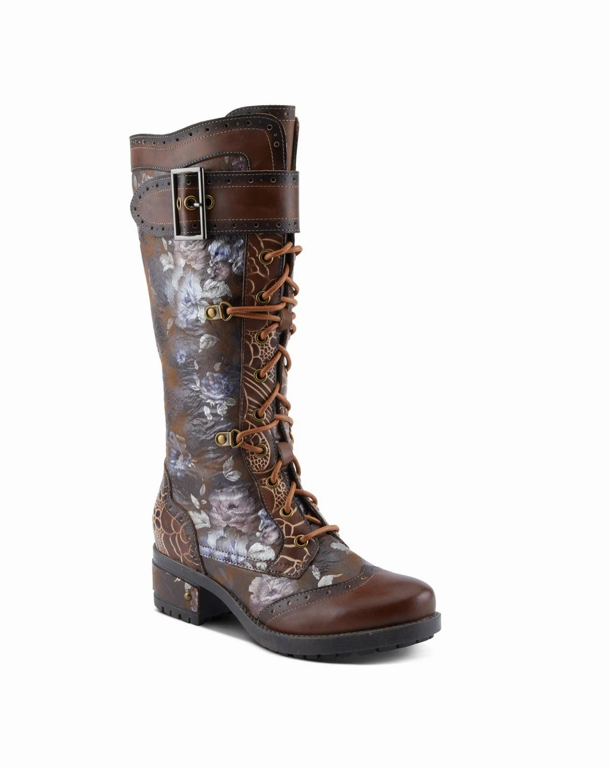 Women's Kisha-Boss Tall Leather Combo Boots with Lace-Up Front, Inside Zipper, Stretch Strap, and Lug Sole