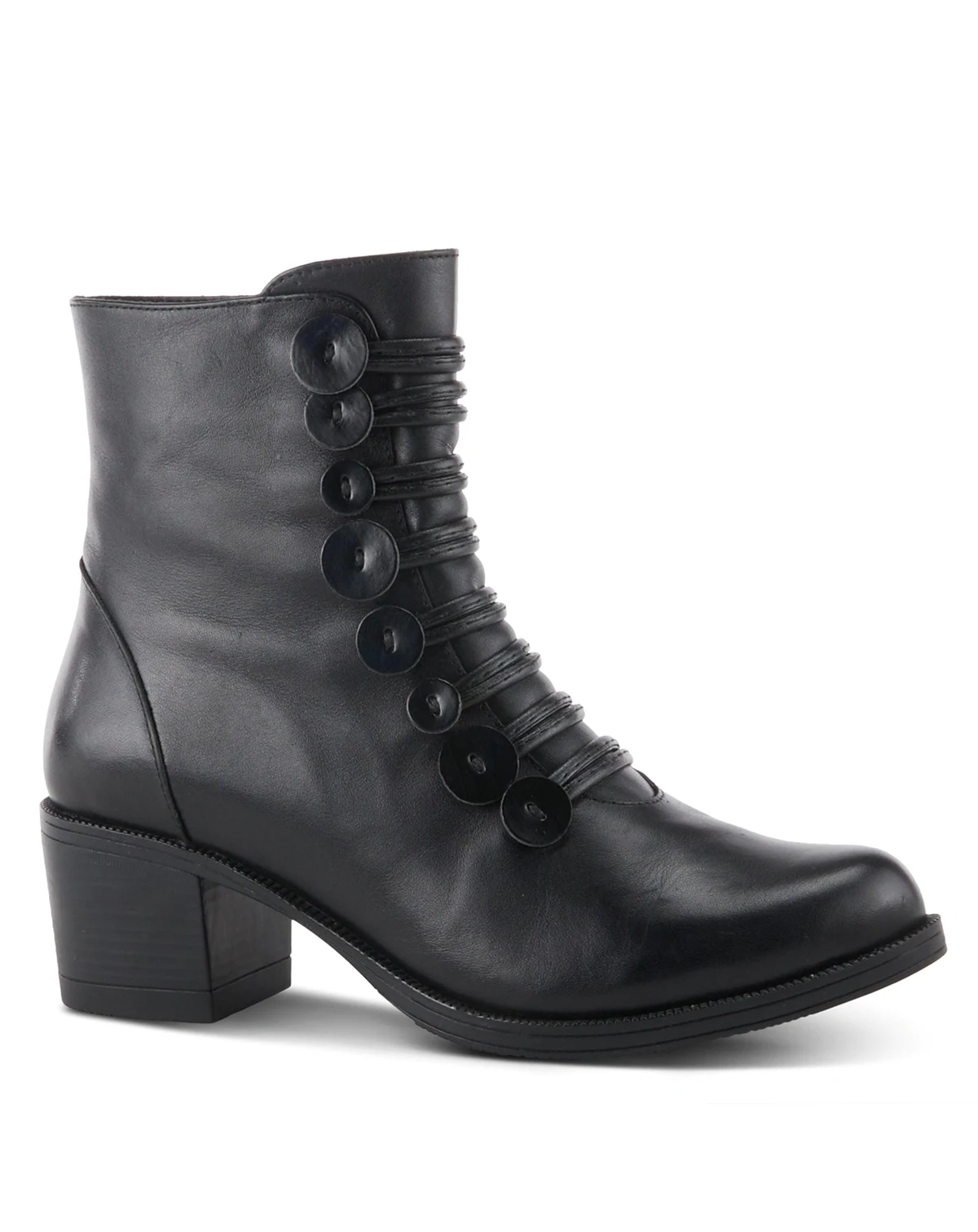 Garibaldi Leather Mid Boot with Decorative Lace and Button Detail on Block Heel