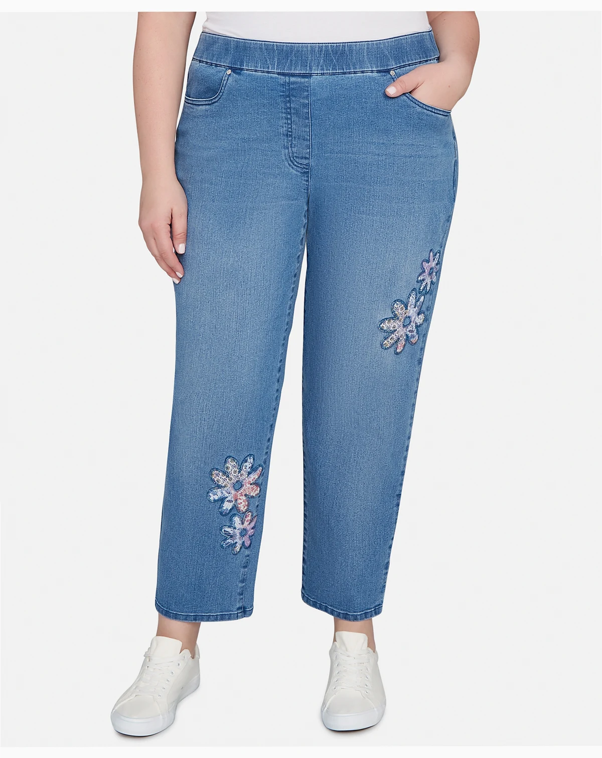 Plus Size Hilton Head Floral Applique Detail Average Length Jeans