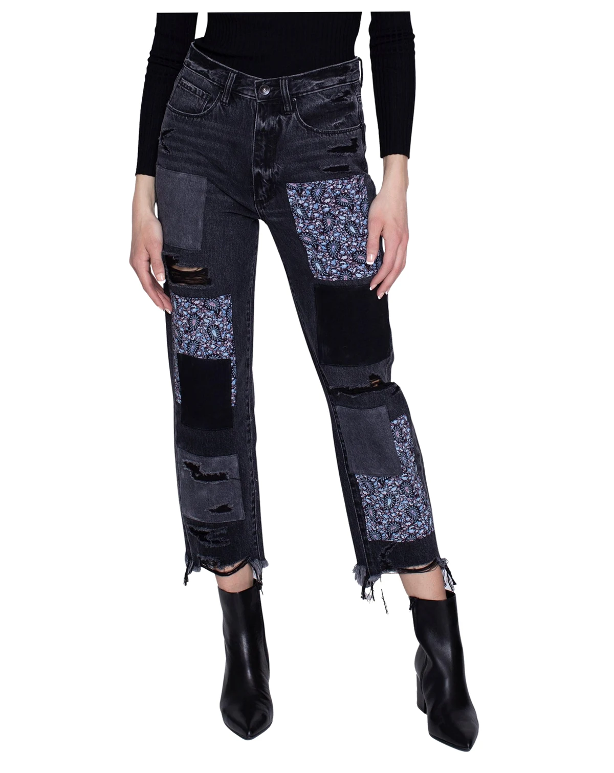 Women's Black Stone Paisley Patchwork High-Rise Straight Leg Jeans, 100% Cotton