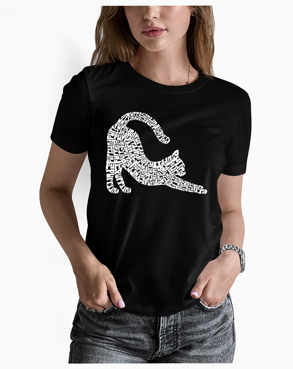 Women's Stretching Cat Word Art Crew Neck T-shirt