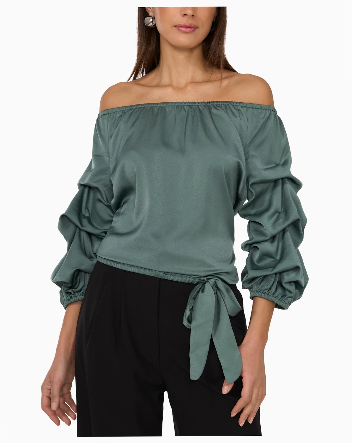 Women's Satin Off-The-Shoulder Bubble 3/4-Sleeve Tie-Front Blouse