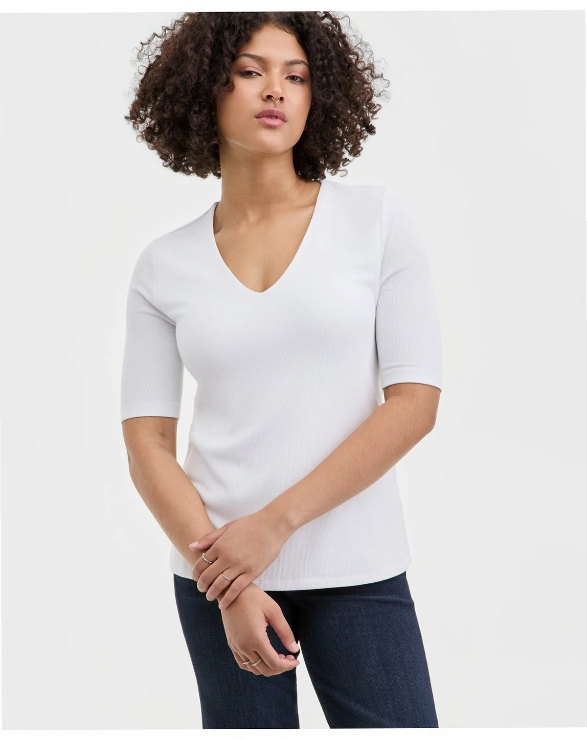 Women's V-Neck Elbow-Sleeve Knit Top