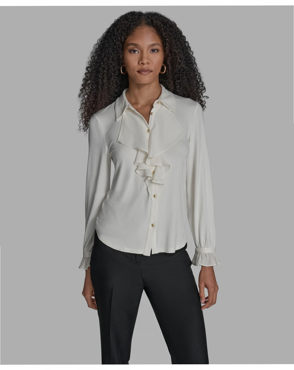 Women's Button Down Ruffle Front Blouse