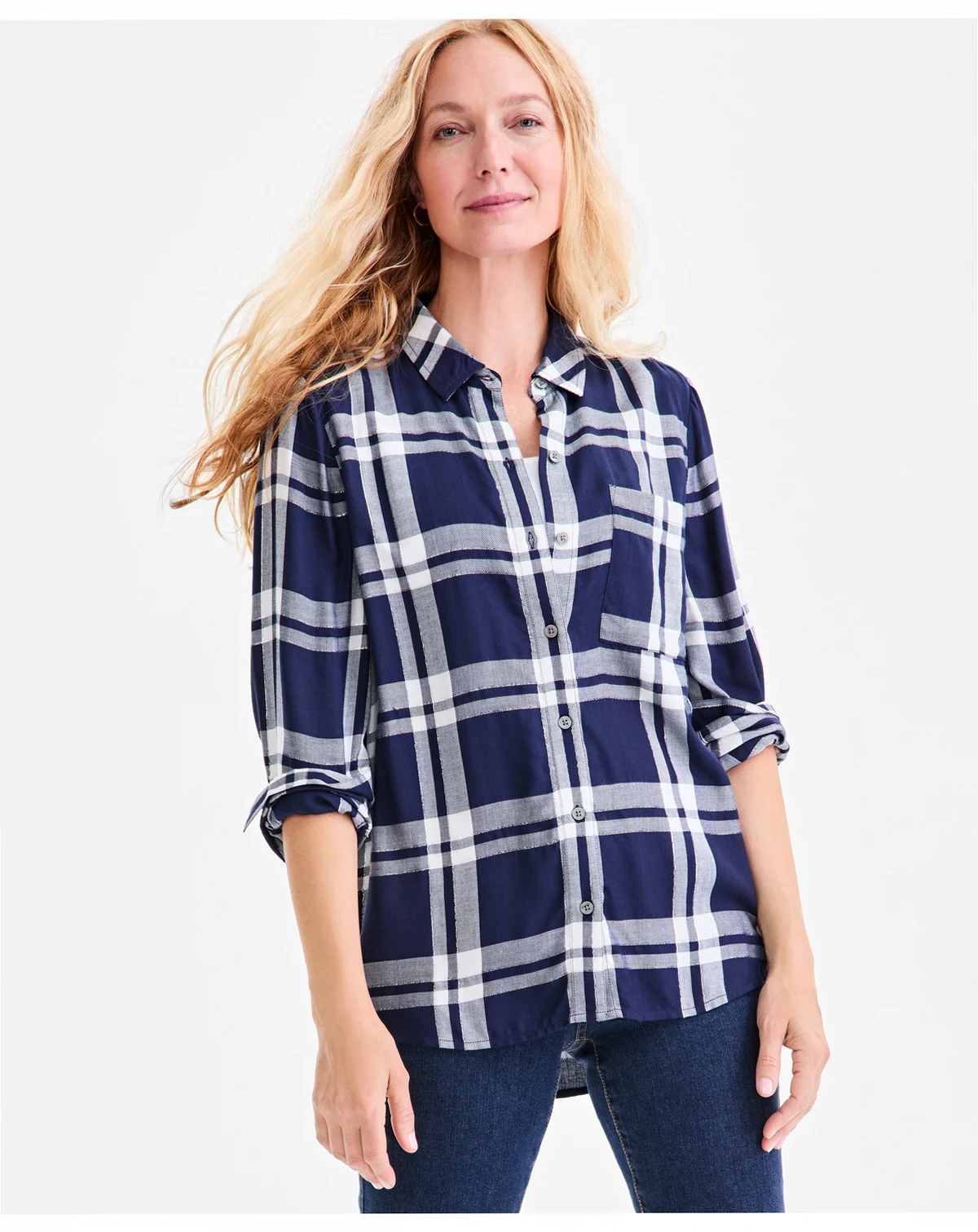 Petite Festive Plaid Perfect Long-Sleeve Shirt, Macy's Exclusive
