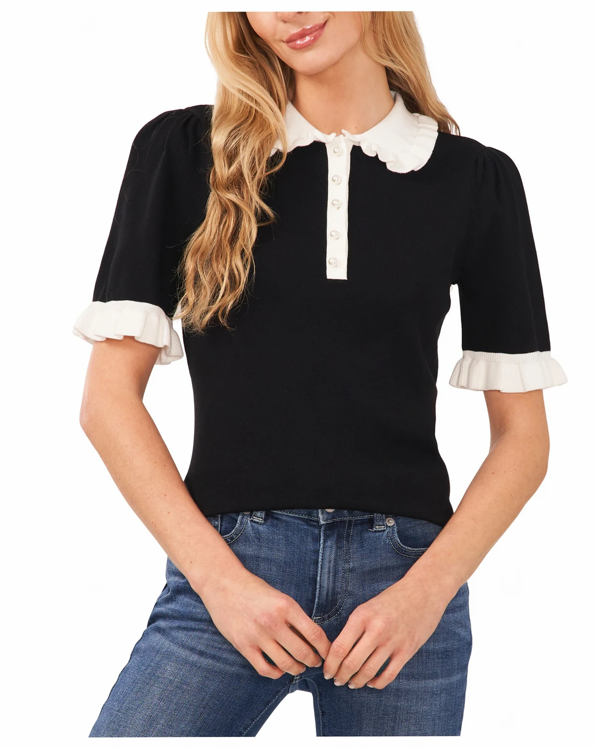Women's Cotton Ruffle-Collar Short-Sleeve Top