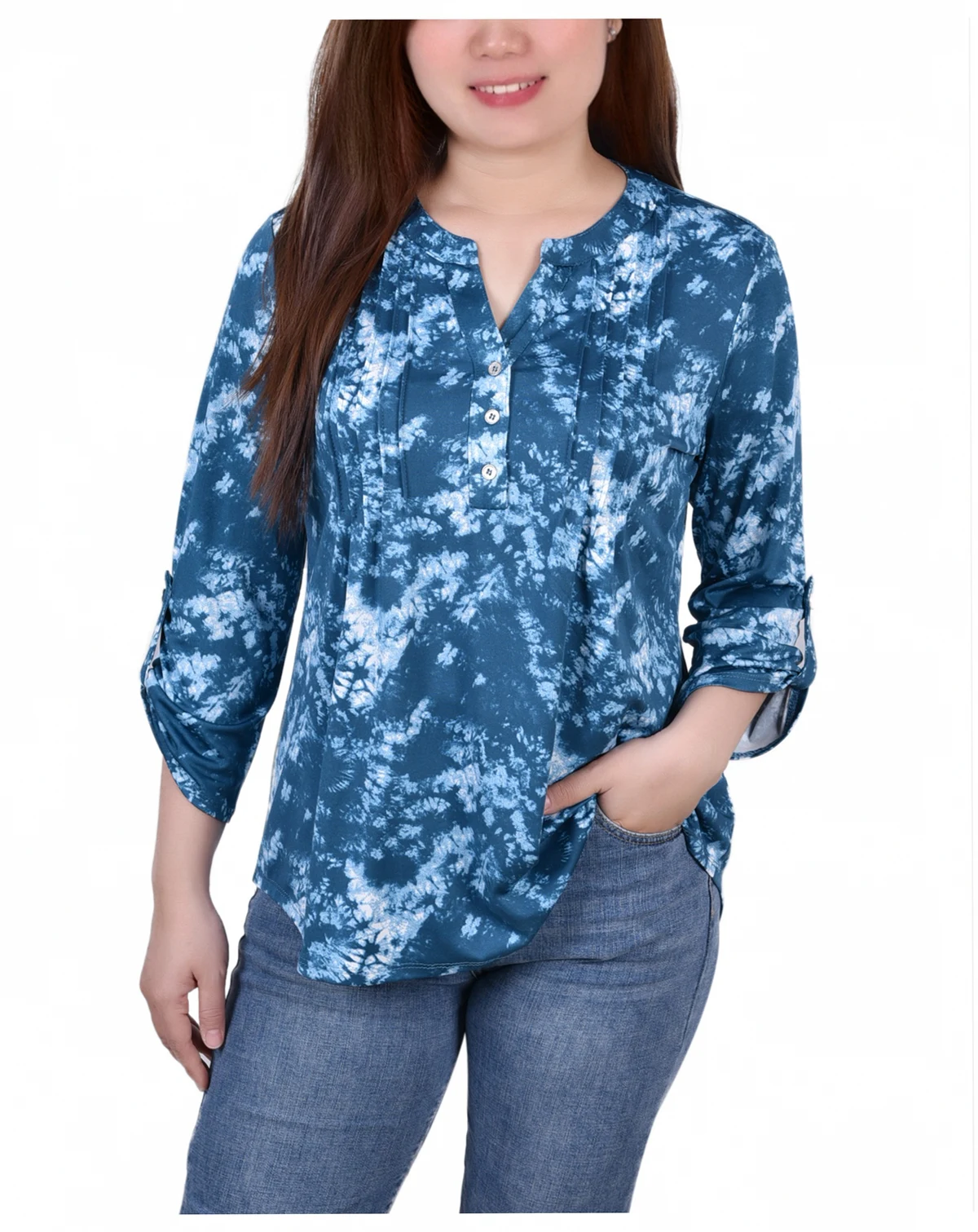 Women's Knit Jacquard 3/4 Sleeve Roll Tab Top