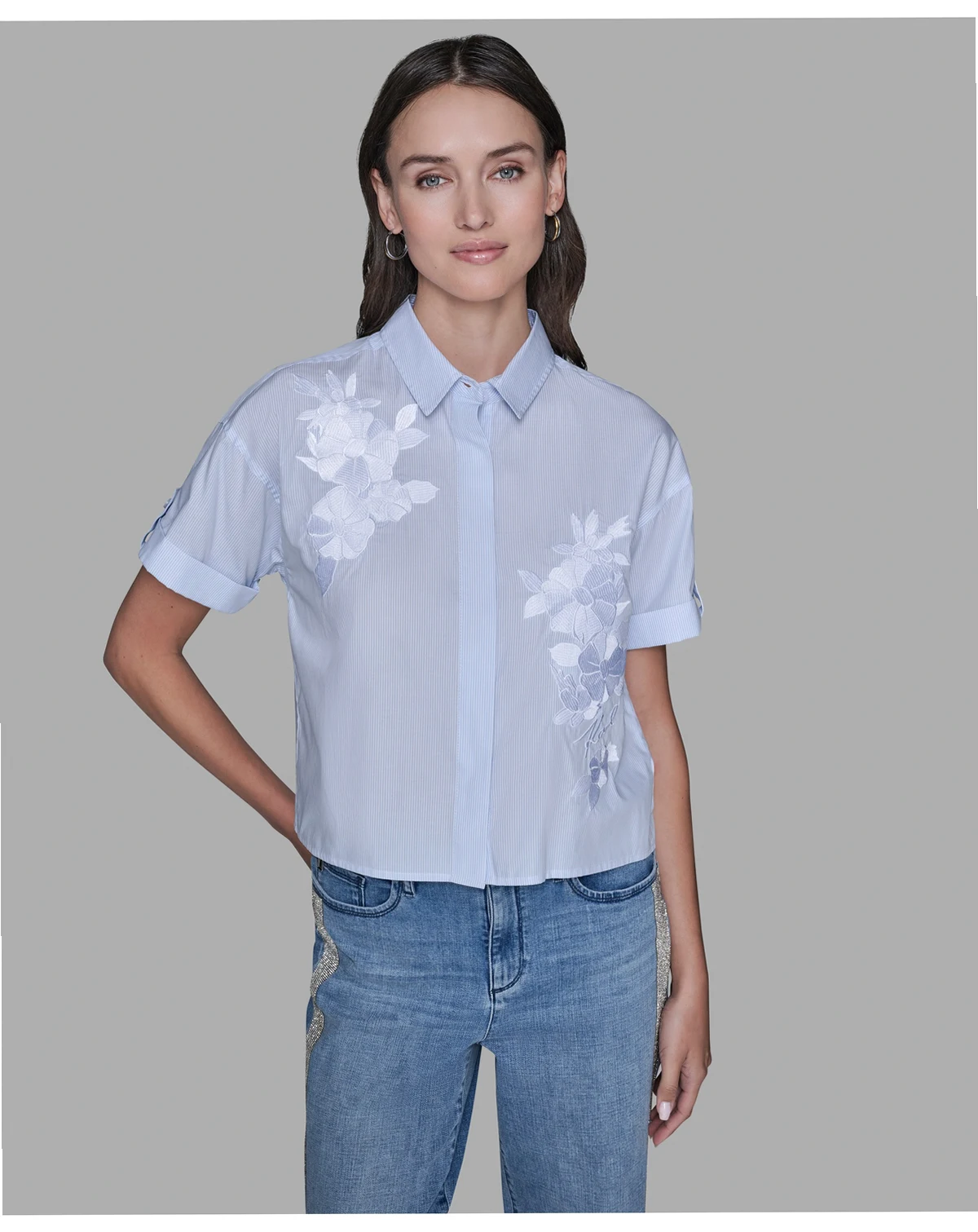 Women's Short-Sleeve Striped Floral Poplin Blouse