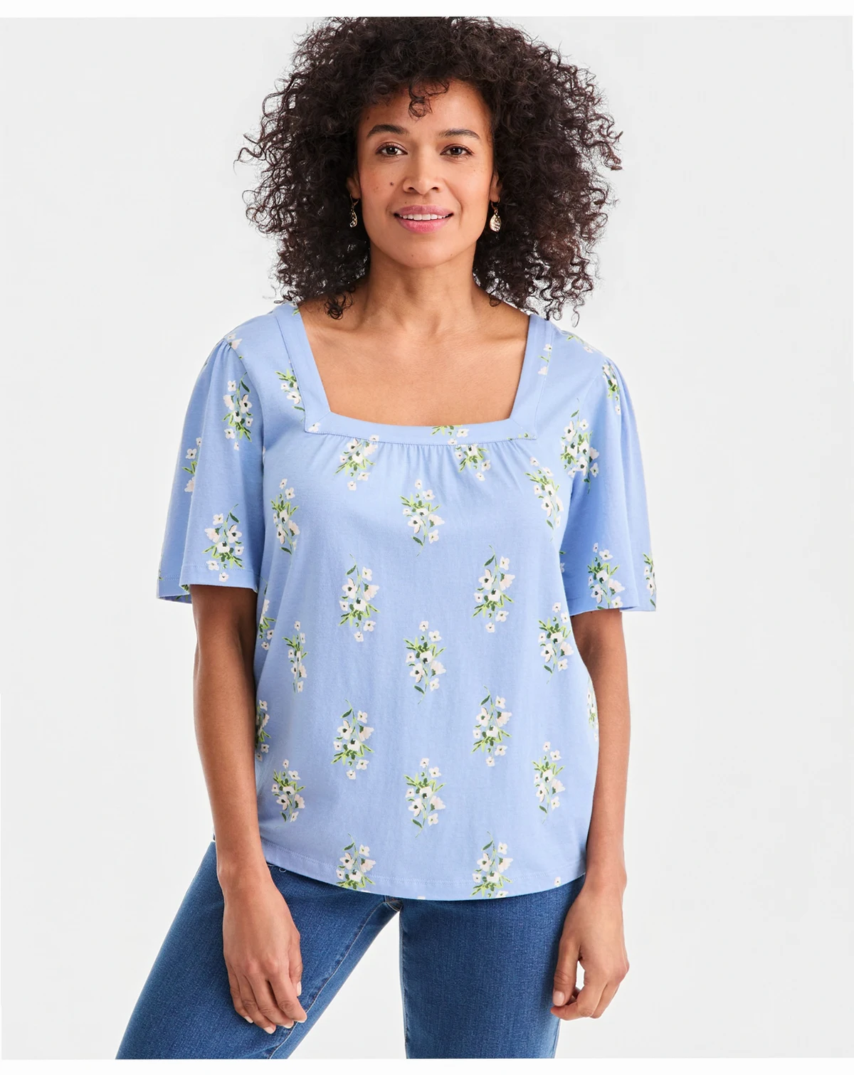 Women's Printed Square-Neck Flutter-Sleeve Top, Macy's Exclusive