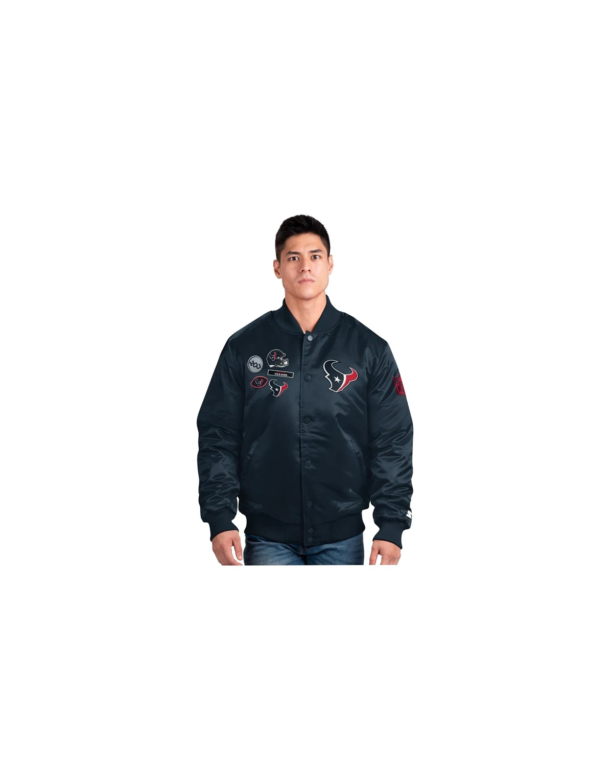 Men's Navy Houston Texans Exclusive Satin Full-Snap Varsity Jacket