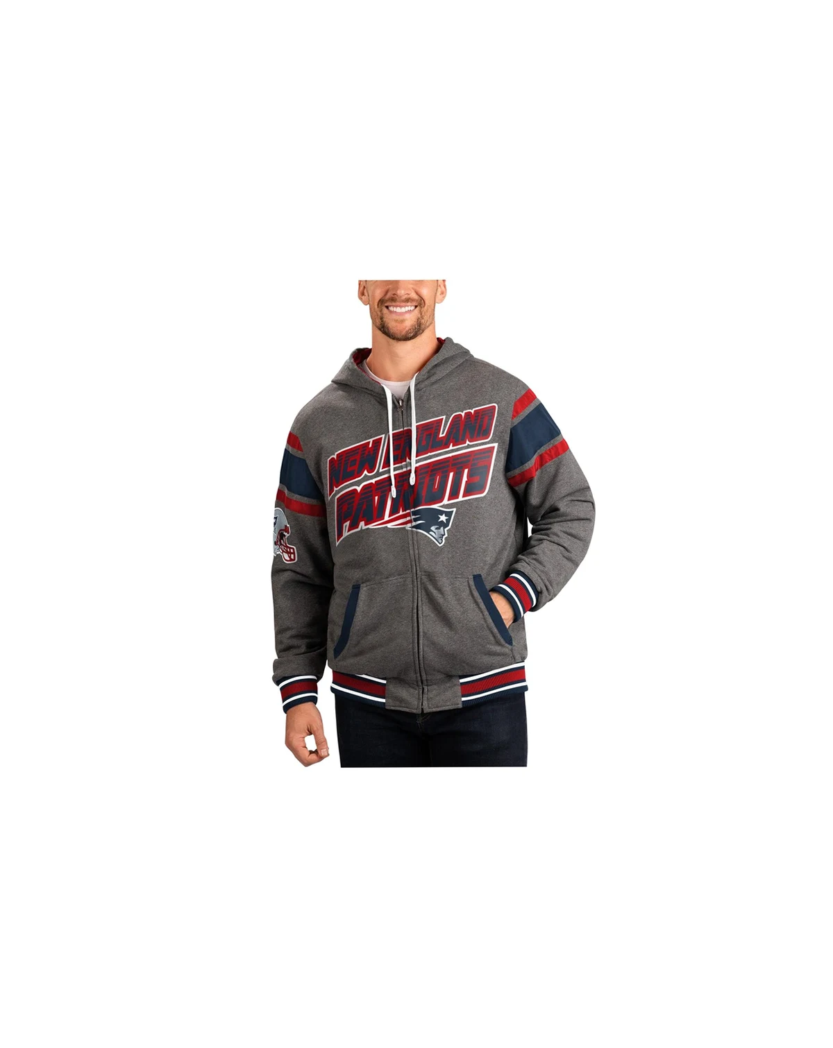 Men's Navy/Gray New England Patriots Extreme Full Back Reversible Hoodie Full-Zip Jacket