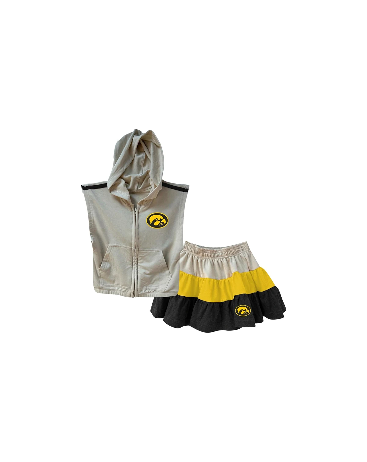 Girls Toddler 2-Piece Tan Iowa Hawkeyes Tri-Blend Sleeveless Full-Zip Hoodie and Tiered Skirt Set
